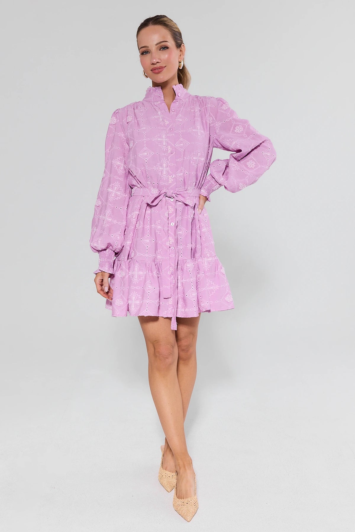 Lilac Embroidered Short Dress with tiered ruffle hem - Full-Length Front View | Avara