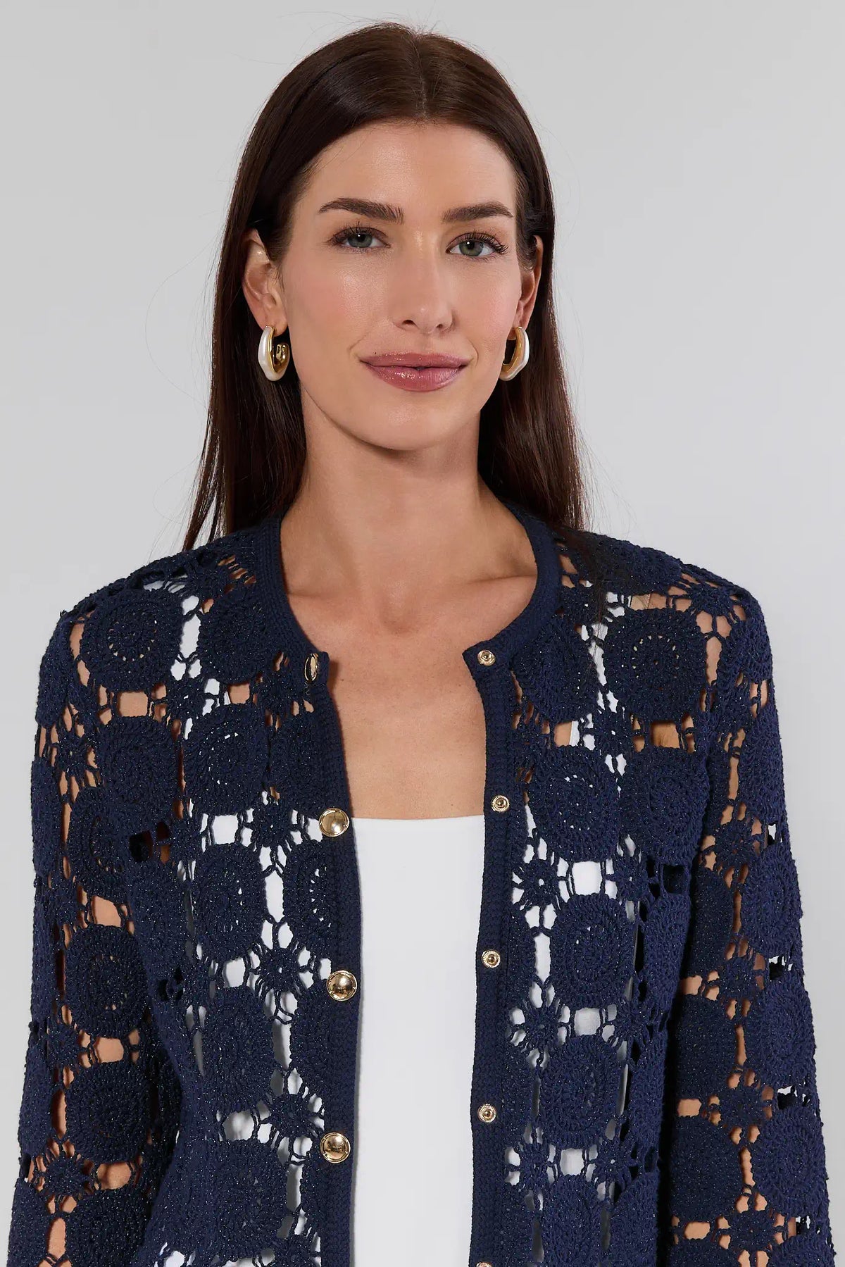 Cassidy Navy Blue Crochet Cardigan close-up showing floral knit pattern and gold buttons | Avara