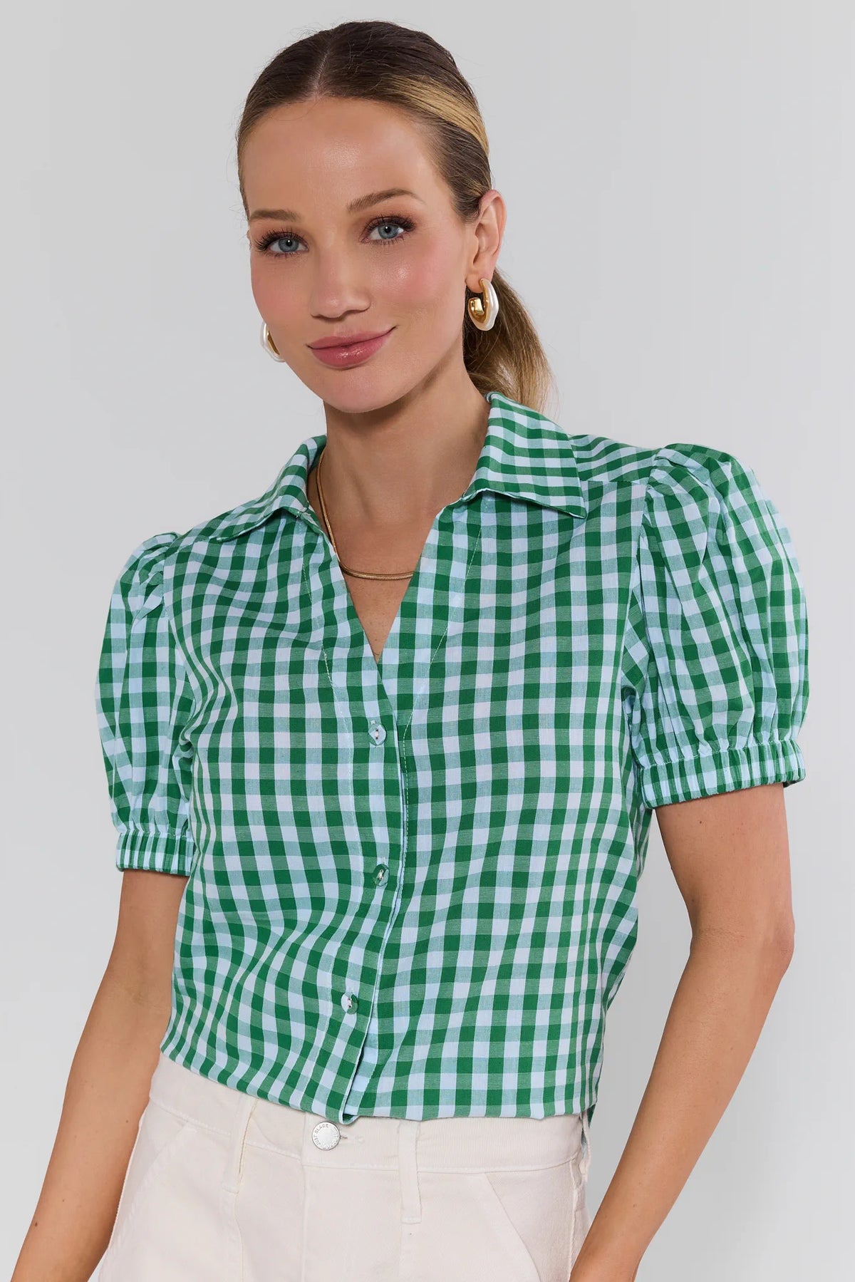Green and white gingham blouse with puff sleeves and collar, front view - women's green gingham top | Avara