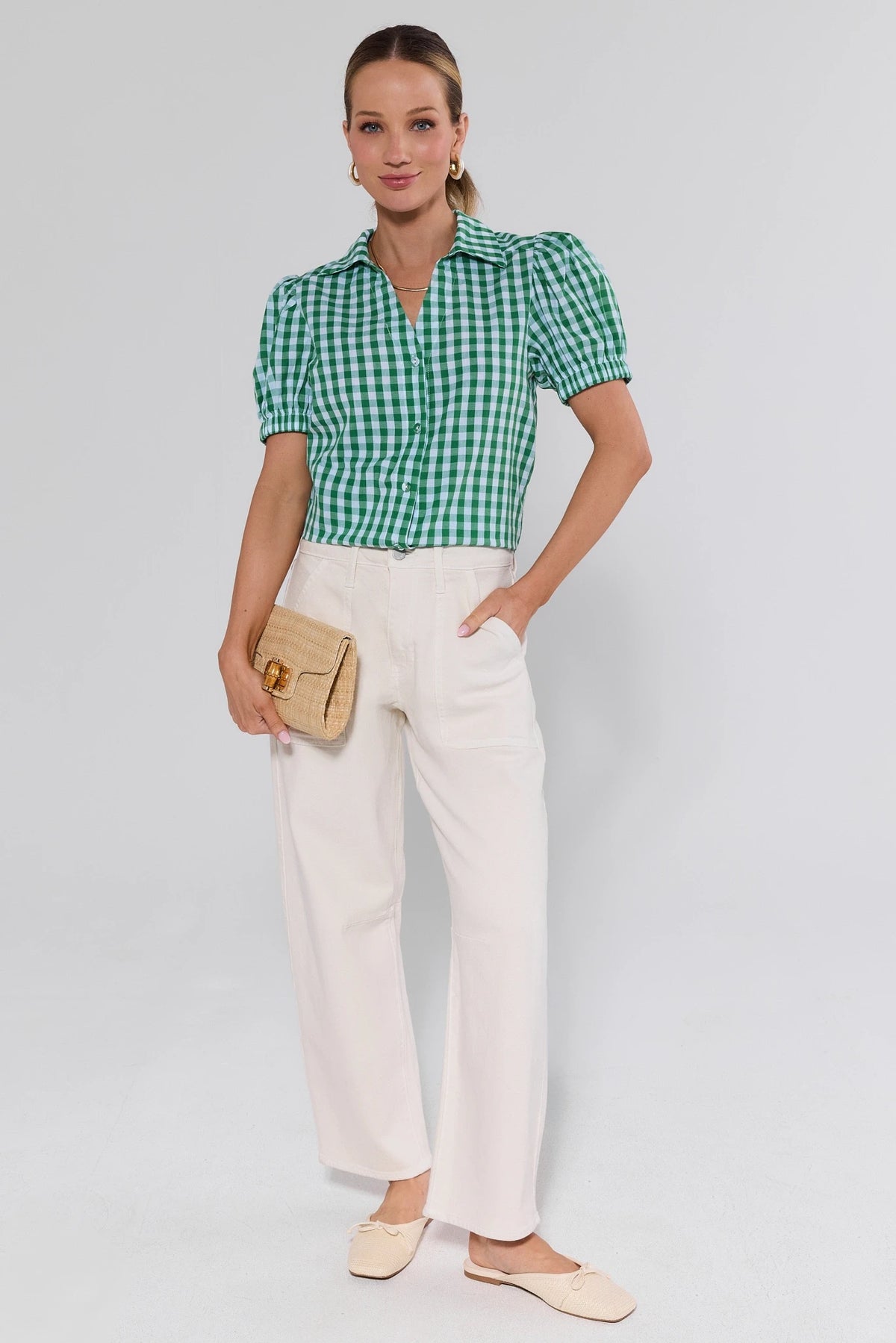 Women's green gingham top with puff sleeves styled with cream wide-leg pants - Full Length View | Avara