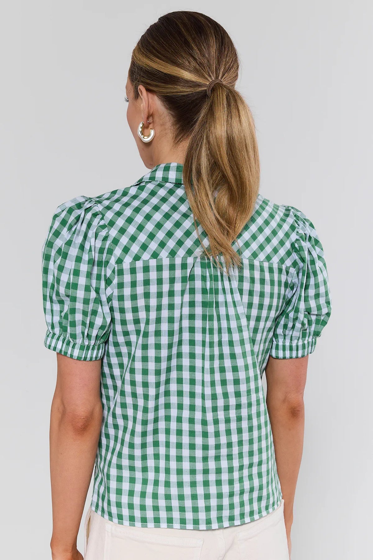 Green and white gingham blouse with puff sleeves - back view showing seam and fit | Avara