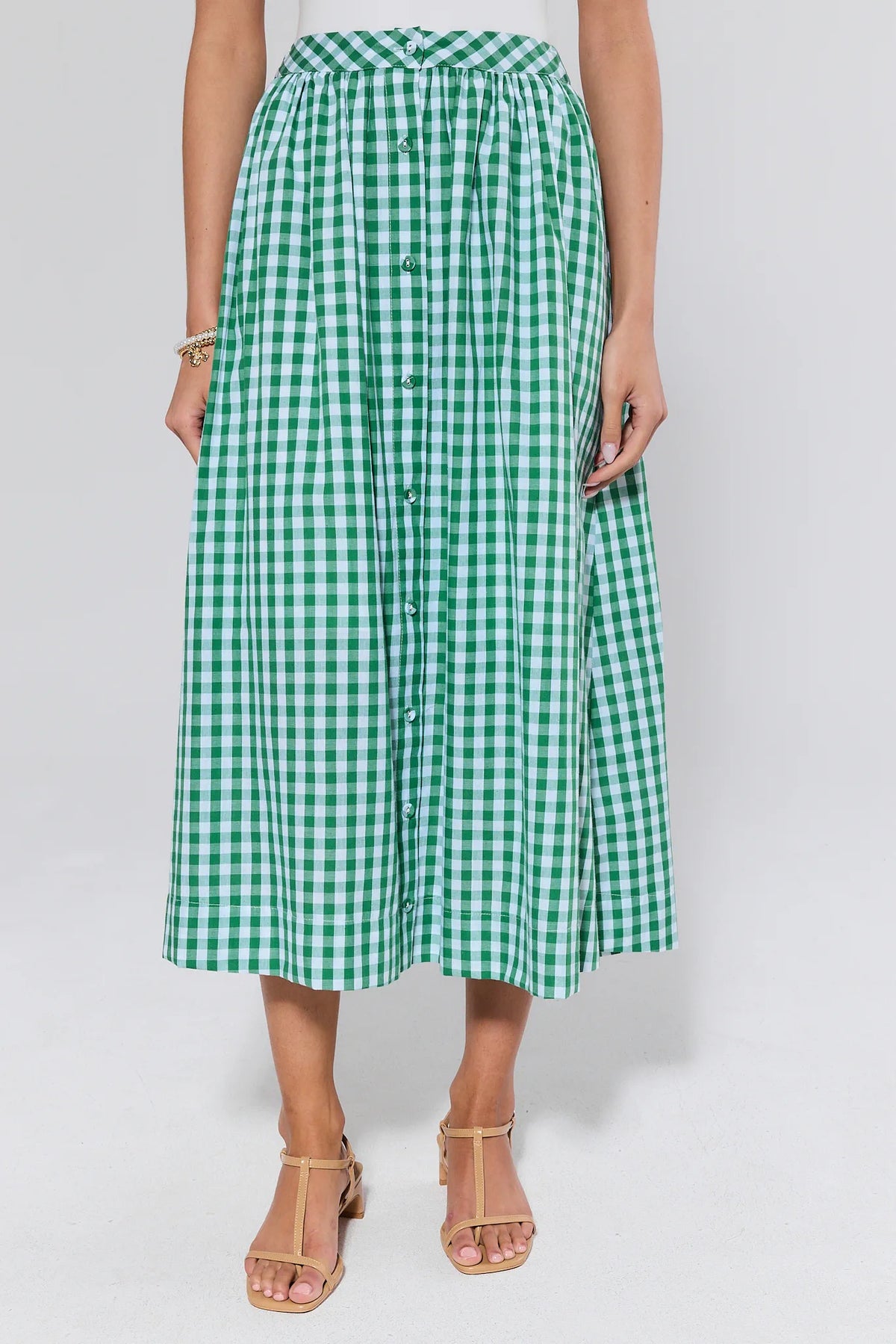 Green and white gingham midi skirt with button-front detail, flowy A-line - Front View | Avara