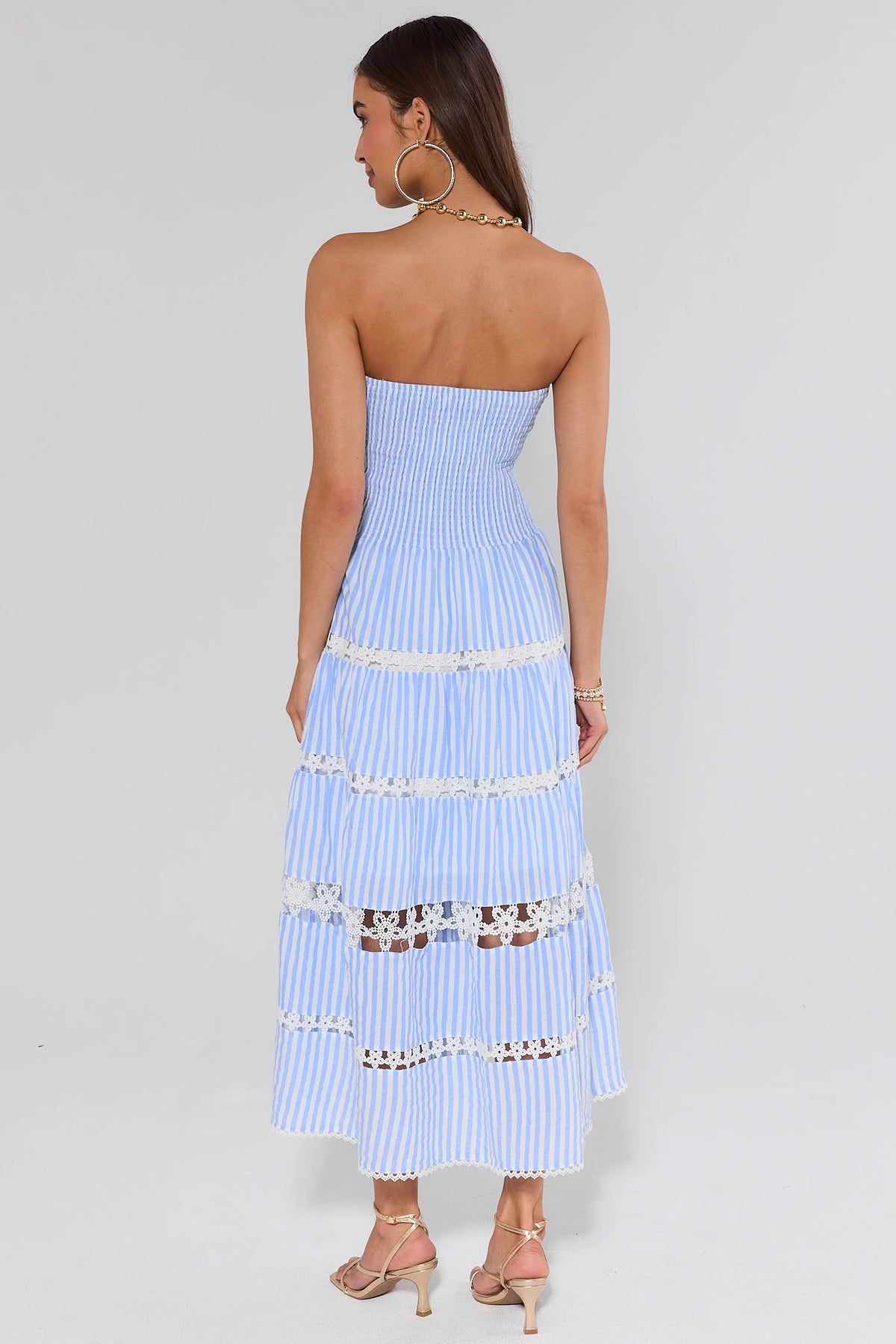 Cecilia Blue Striped Strapless Midi Dress smocked back with floral lace tier detail - Back View | Avara