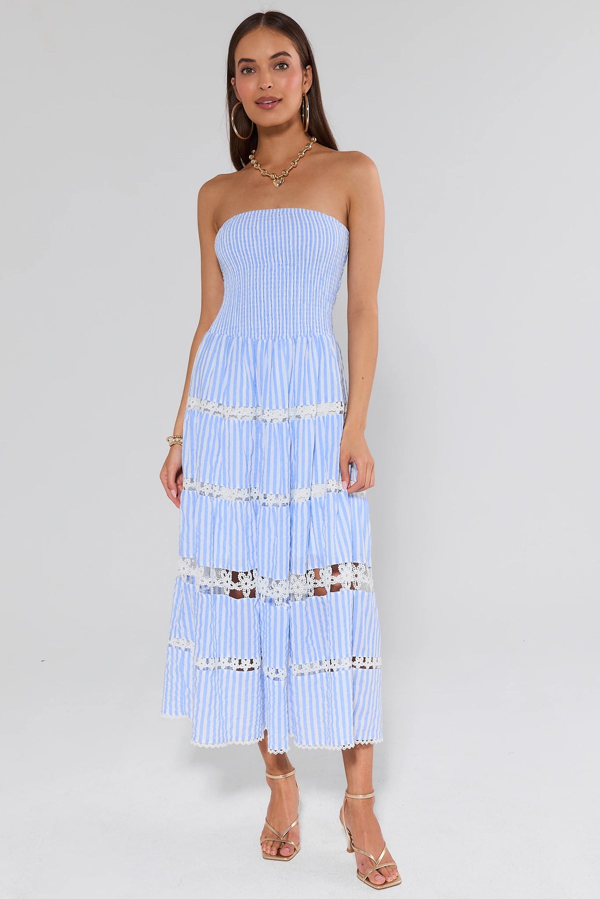Cecilia Blue Striped Strapless Midi Dress with smocked bodice and lace trim - Front View | Avara