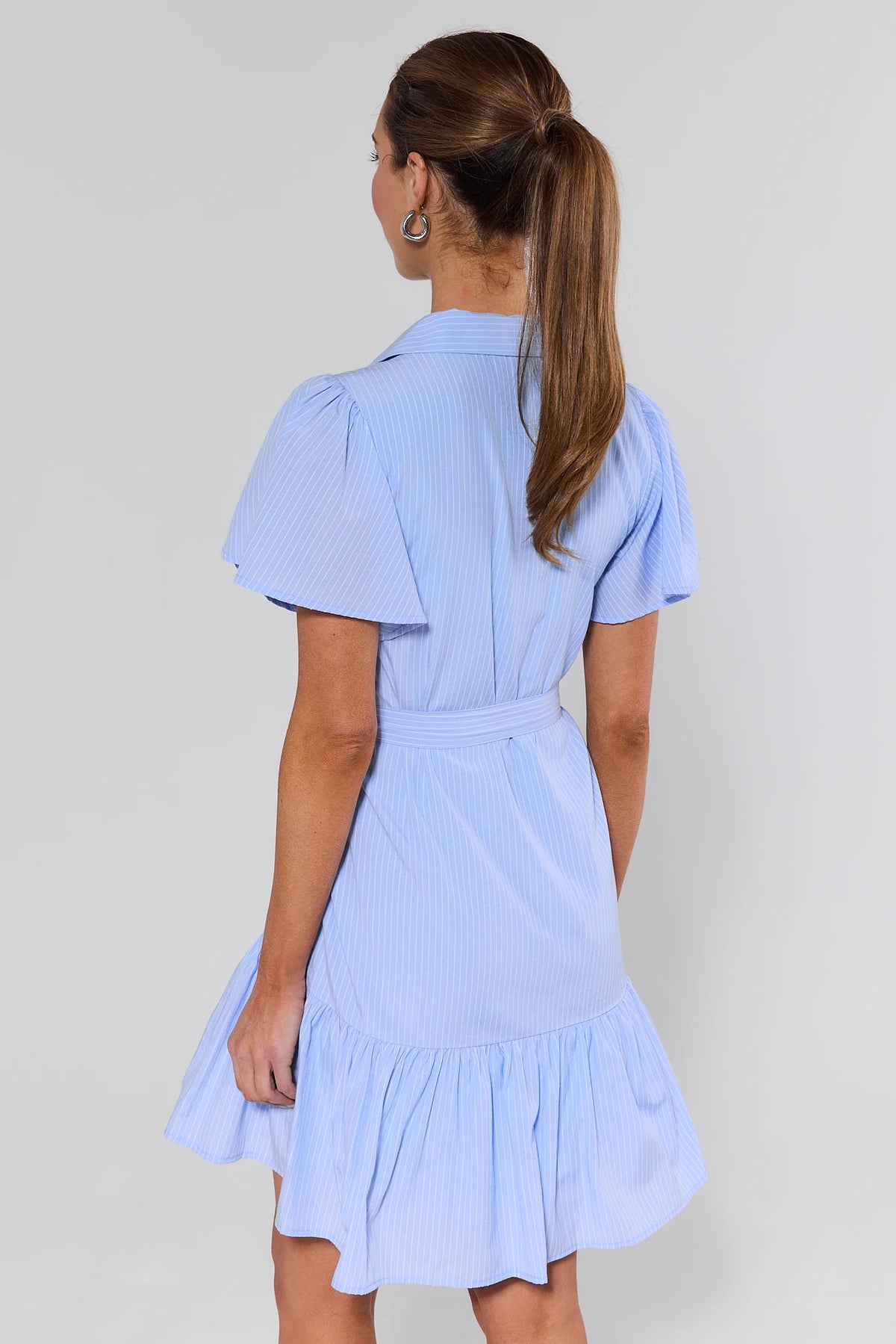 Delilah Blue Pinstripe Floral Lace Short Dress - back view showing flutter sleeves and tiered ruffle hem | Avara