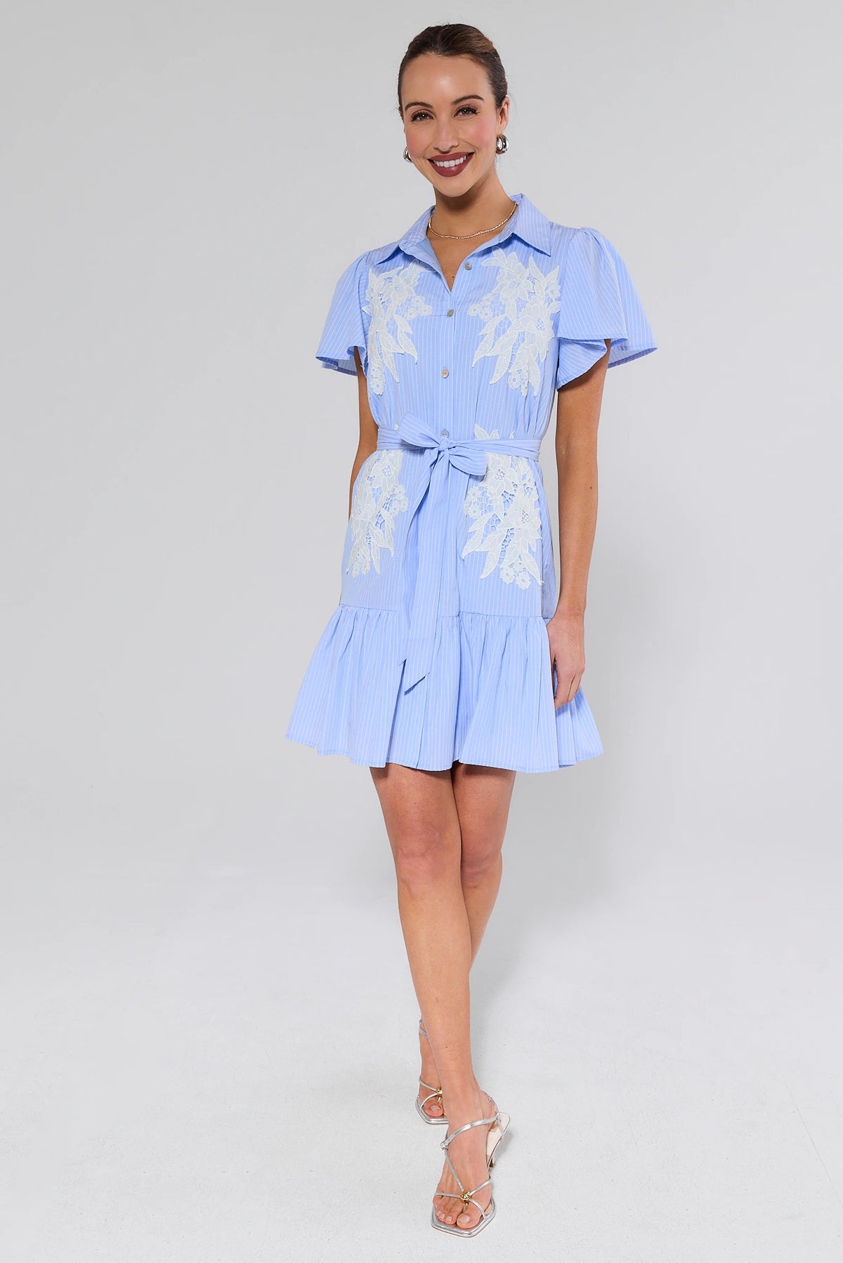 Delilah Blue Floral Lace Short Dress - full-length front view with silver strappy heels, blue spring dress | Avara