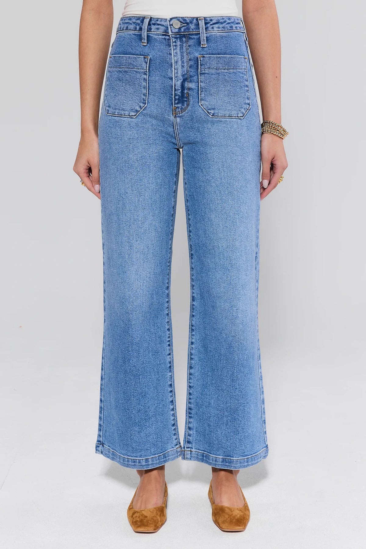 Kimberly Light Wash High-Rise Wide-Leg Jeans with Patch Pockets - Front View | Avara