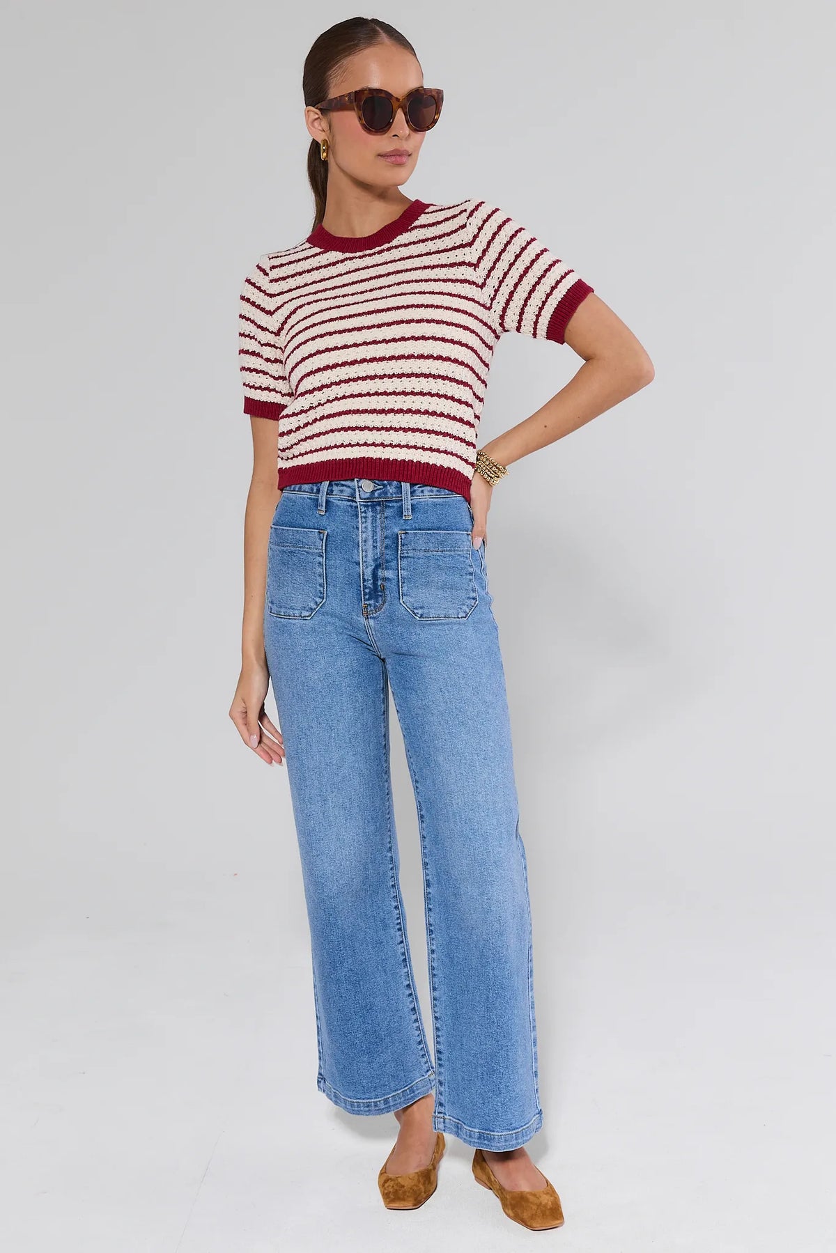 Kimberly Light Wash Wide-Leg Jeans Styled with Striped Knit Top - Full Length On Model | Avara