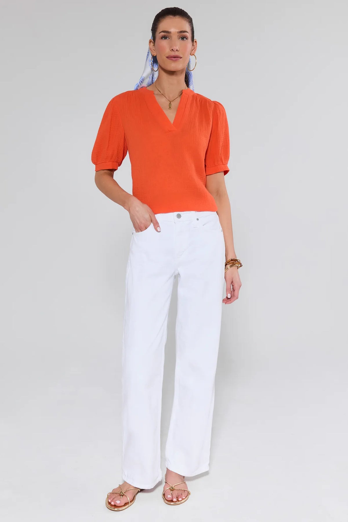Andrea White Wide Leg Jeans Styled with Orange Puff Sleeve Top - Full Length On Model | Avara