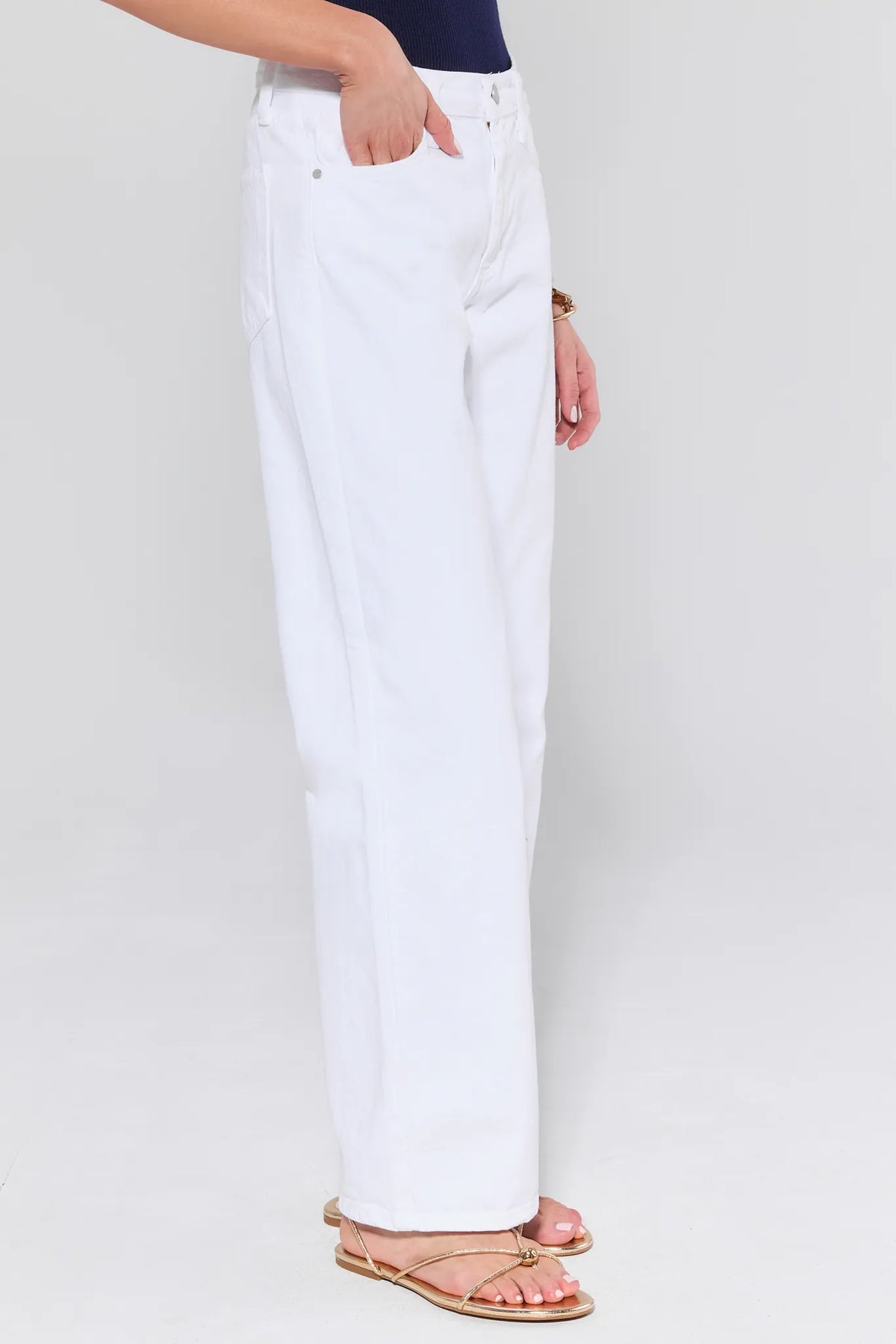 Andrea White Wide Leg Jeans - Side View, Wide-Leg Denim Silhouette On Model | Avara