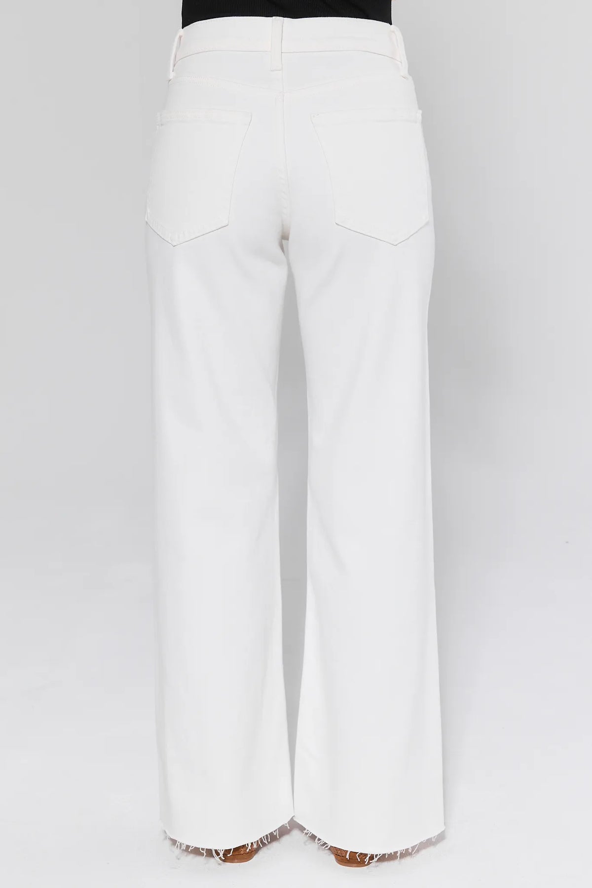 Serena White Straight Leg Jeans rear view showing back pockets, belt loops, and frayed raw hem on high-rise white denim | Avara