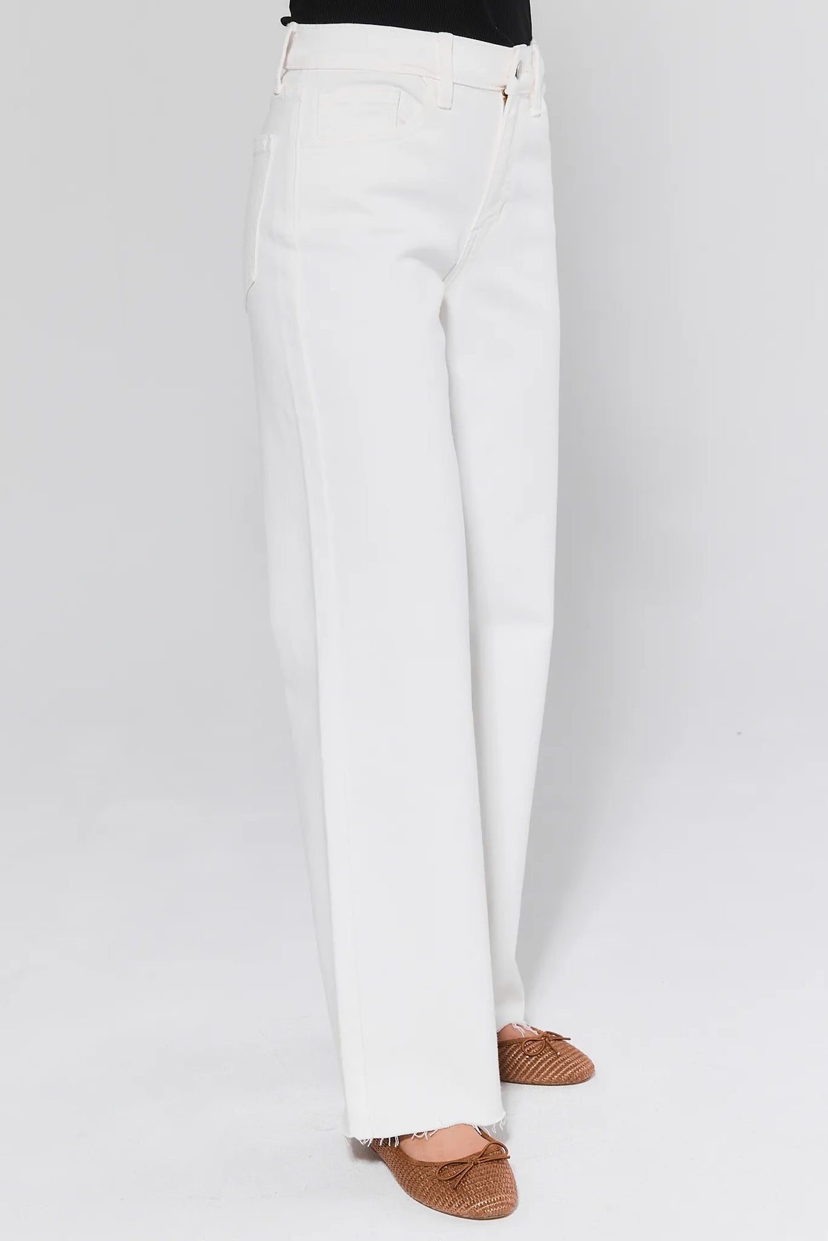 Serena White Straight Leg Jeans, high-waisted white denim with frayed hem and straight silhouette, paired with brown flats - Side View | Avara
