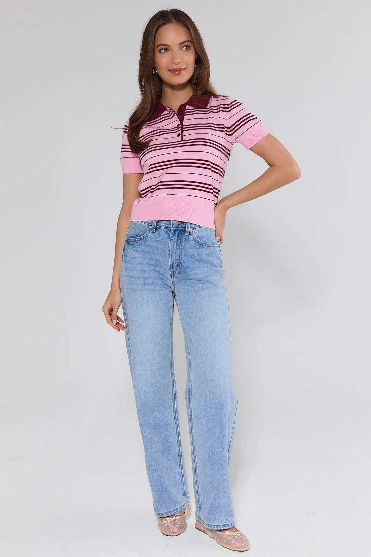 Laney Light Wash Wide Leg Jeans styled with pink striped polo sweater and sheer ballet flats, full-length on-model | Avara