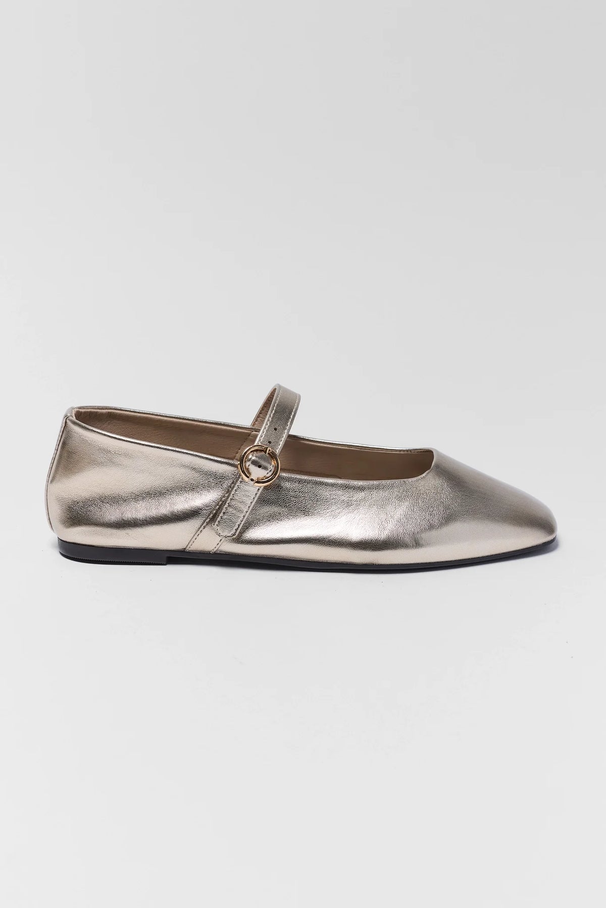 Gold metallic Mary Jane ballet flat with square toe - Side Profile | Avara