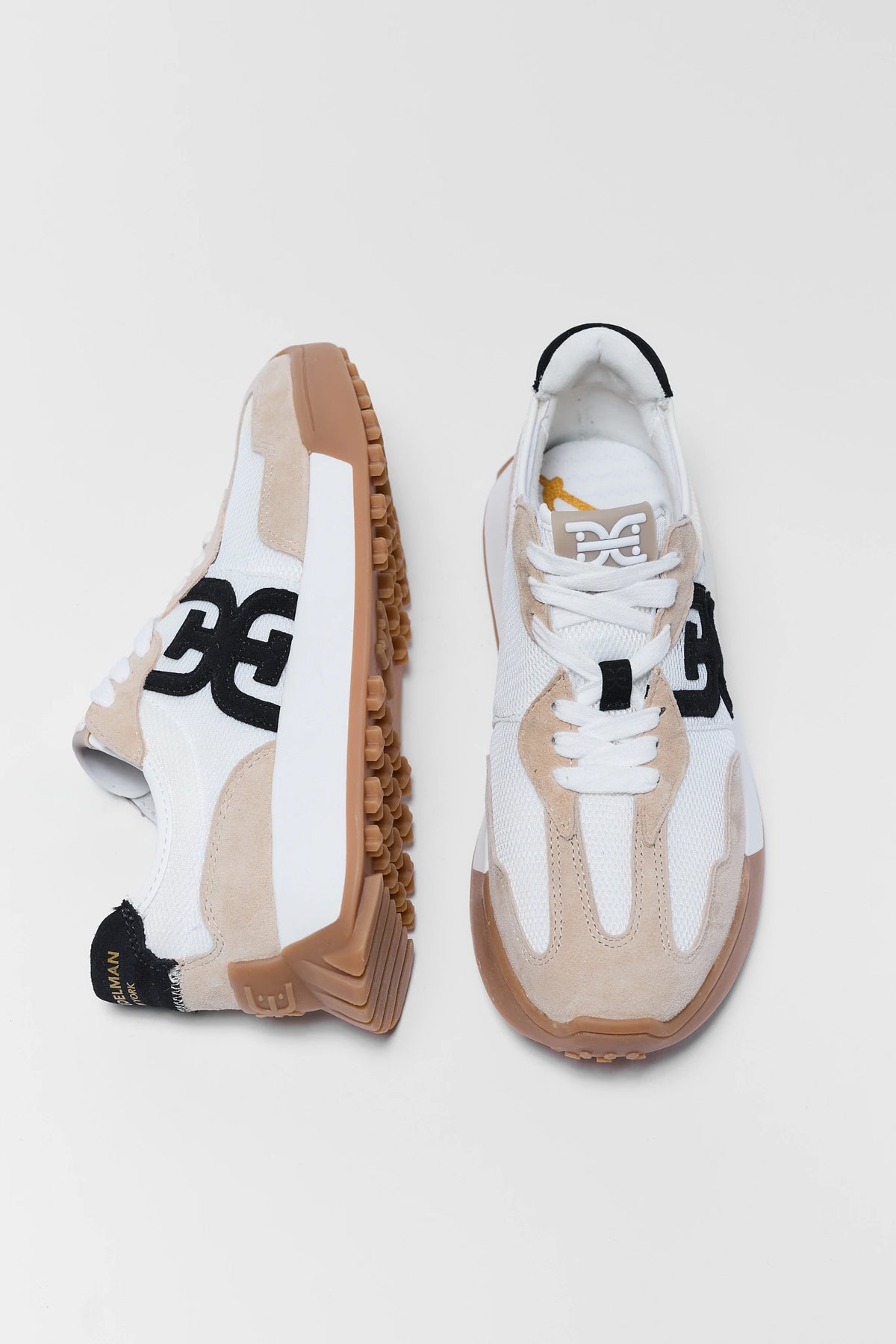 Sam Edelman Langley Sneakers in white and beige suede with black logo - Top & Side View | Avara