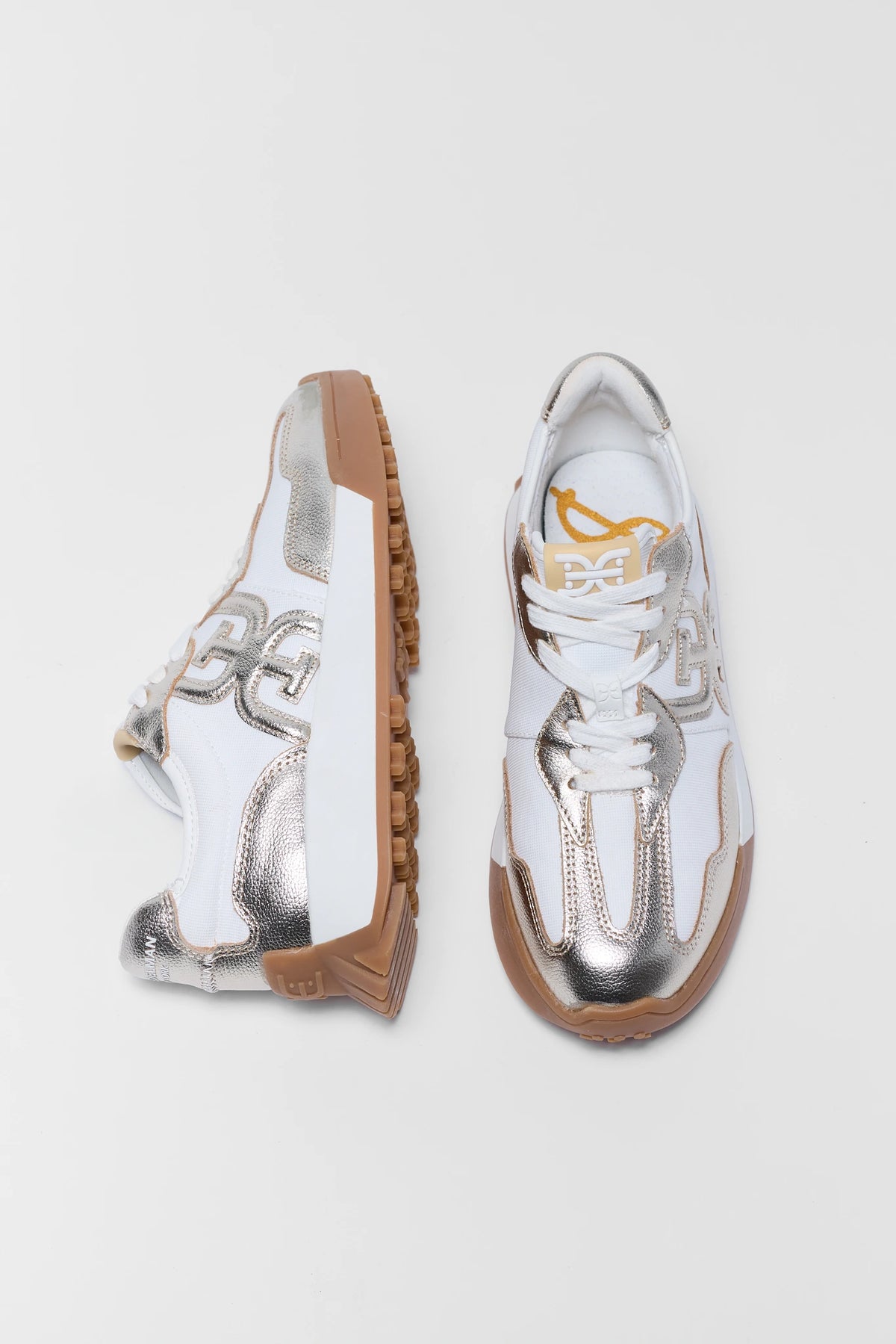Sam Edelman Langley Gold Metallic Lace-Up Sneakers with gum sole - Top View | Avara