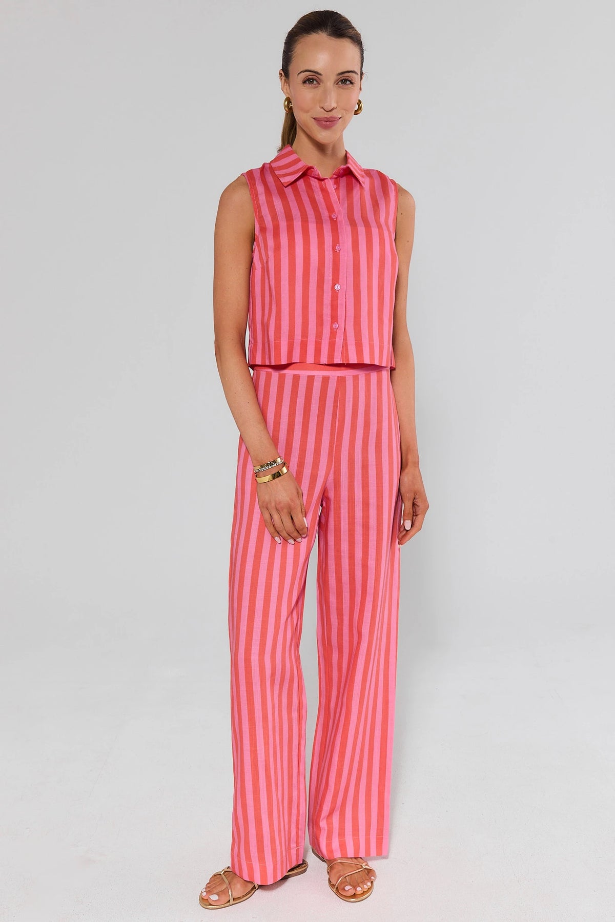 Delilah Pink Striped Button Up Top styled as matching set with wide leg pants, full length front view | Avara