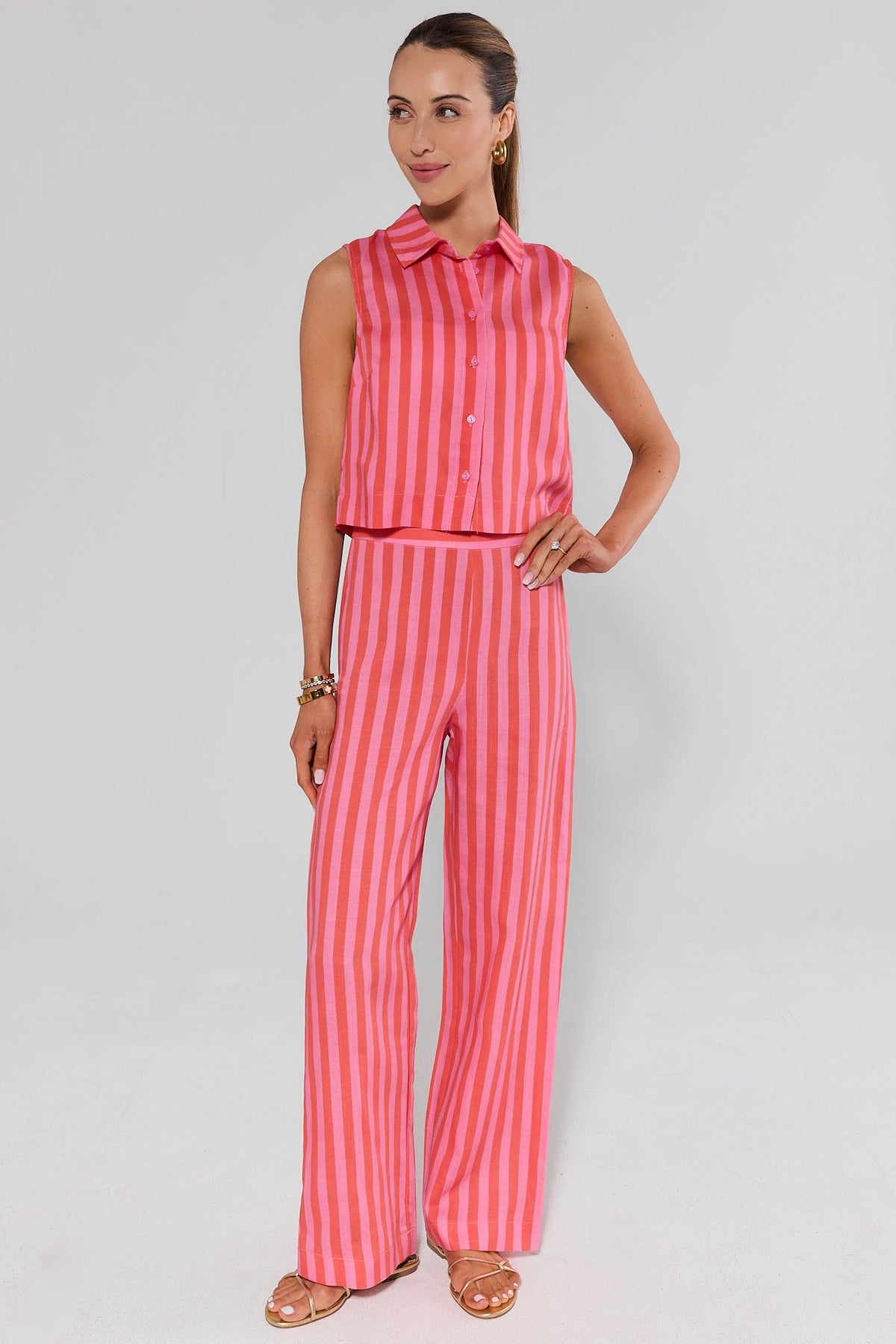 Delilah Pink Striped Flare Pants styled with matching top - Full Length On Model | Avara