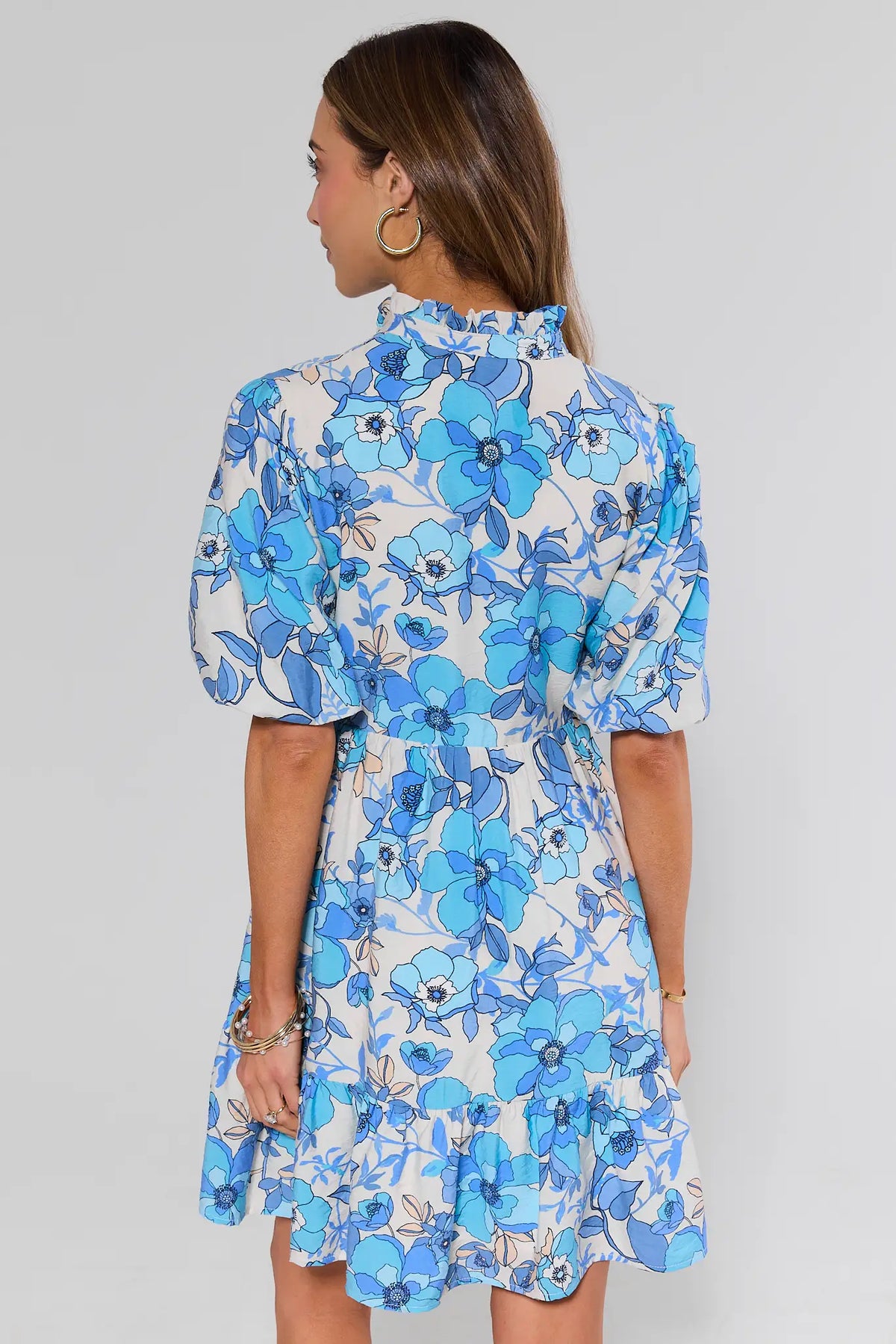 Cassie Blue Floral Dress - Back View, Smocked Neckline & Puff Sleeves | Avara