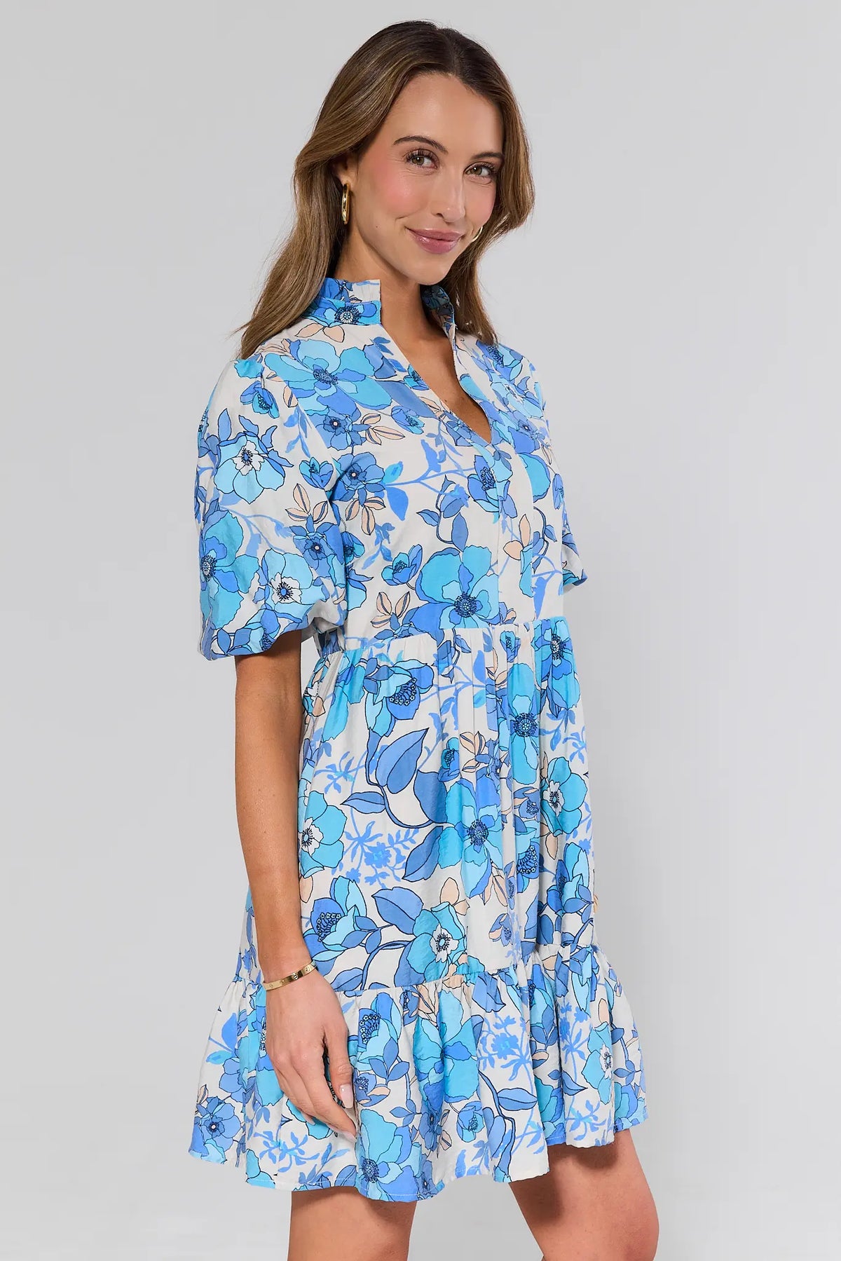 Cassie Blue Floral Short Dress - Side View, Tiered Ruffle Hem Detail | Avara