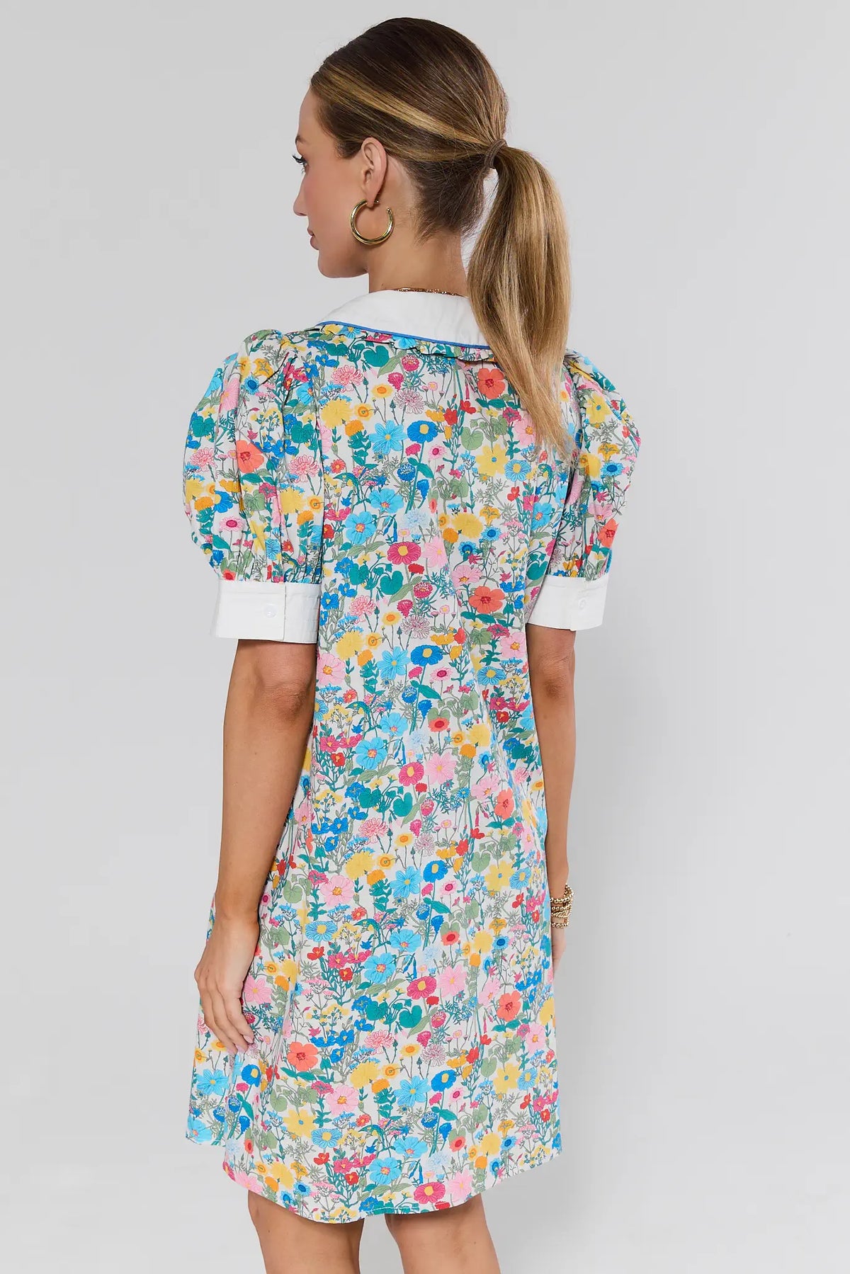 Vivienne Floral Print Short Dress white peter pan collar, puff sleeves - Back View | Avara