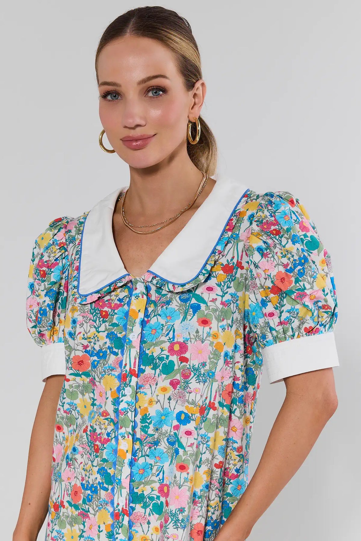 Vivienne Floral Print Short Dress with white collar close-up detail, puff sleeves - Detail View | Avara