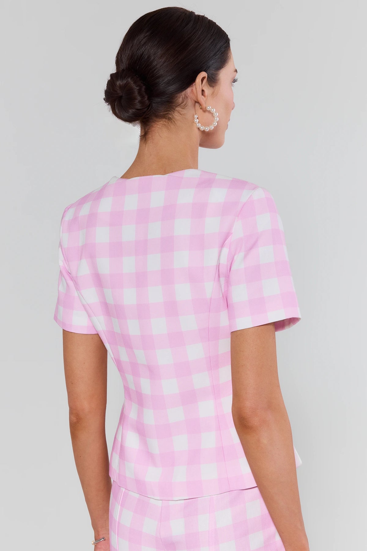 Winnie Pink Gingham Tailored Top back view showing tailored fit and short sleeves | Avara