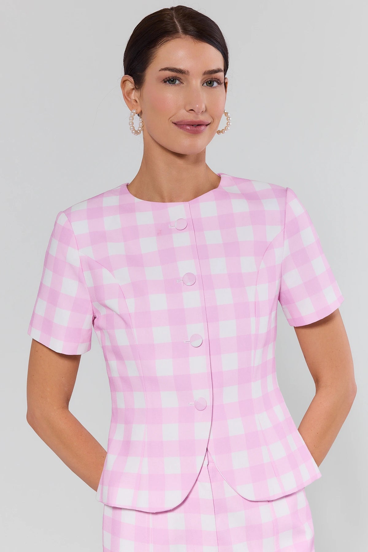 Winnie Pink Gingham Tailored Top, front view with button detail, modest short sleeve | Avara