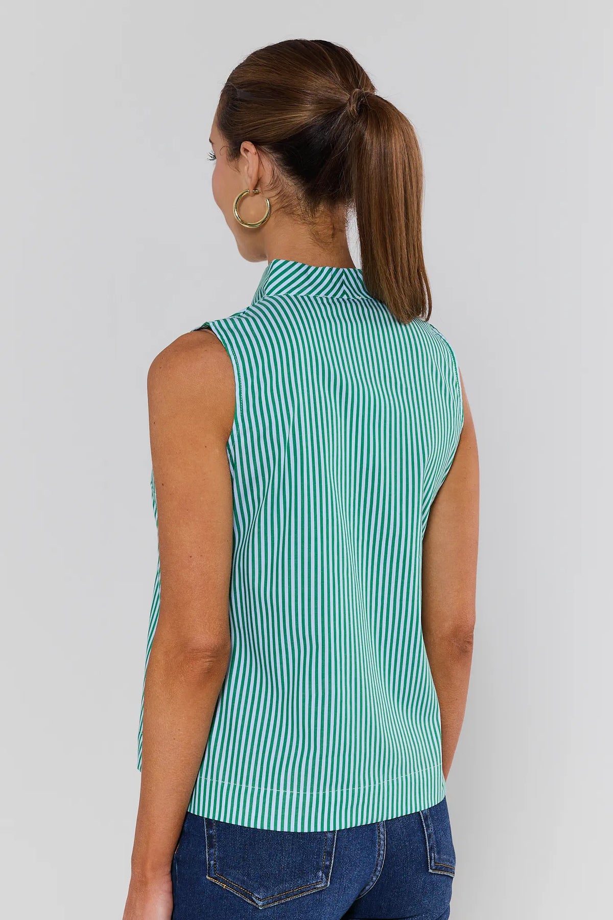 Ellie Green Striped Sleeveless Top with mock collar - Back View | Avara