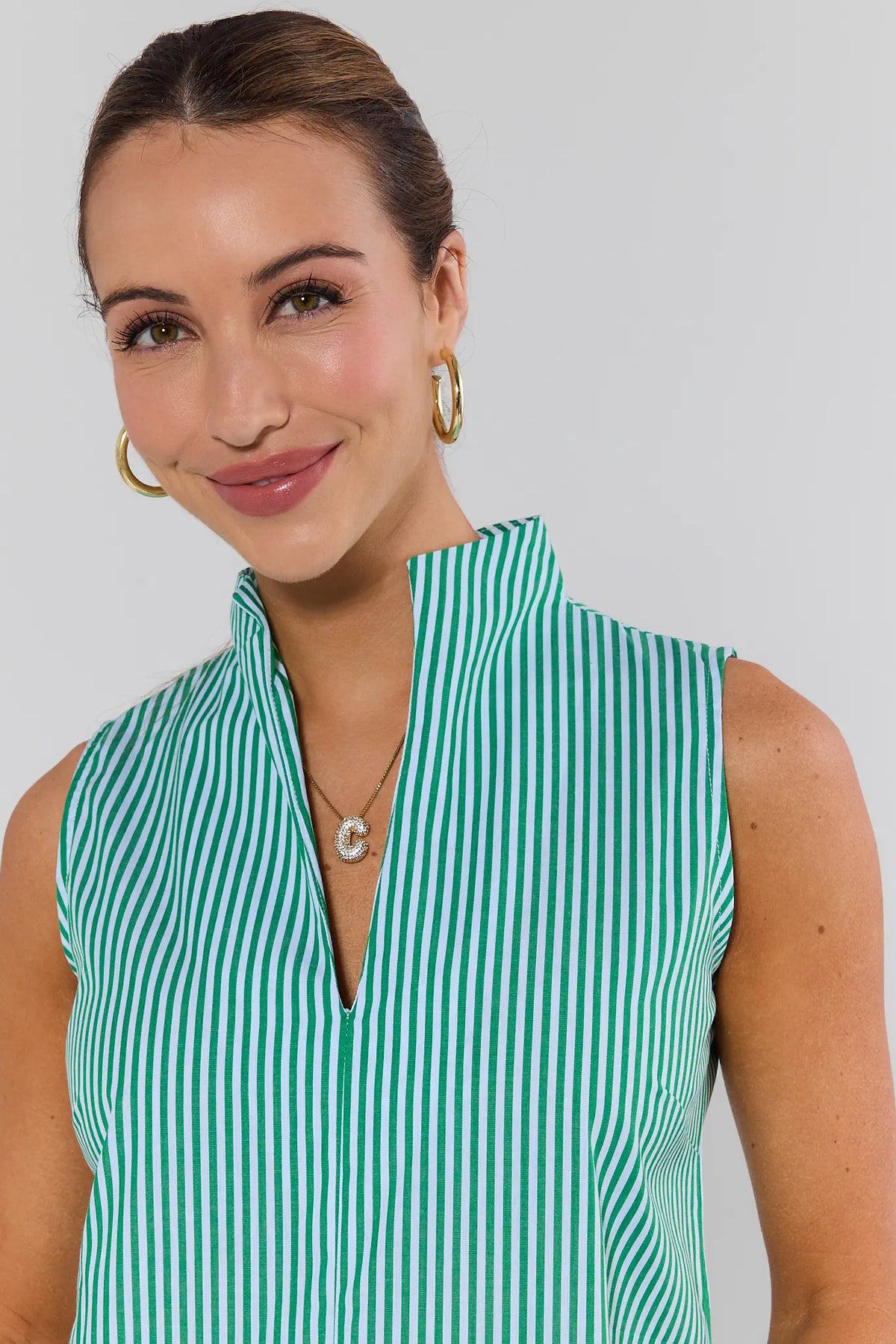 Ellie Green Striped Tank Top with mock-neck zip detail - Close-Up Front | Avara