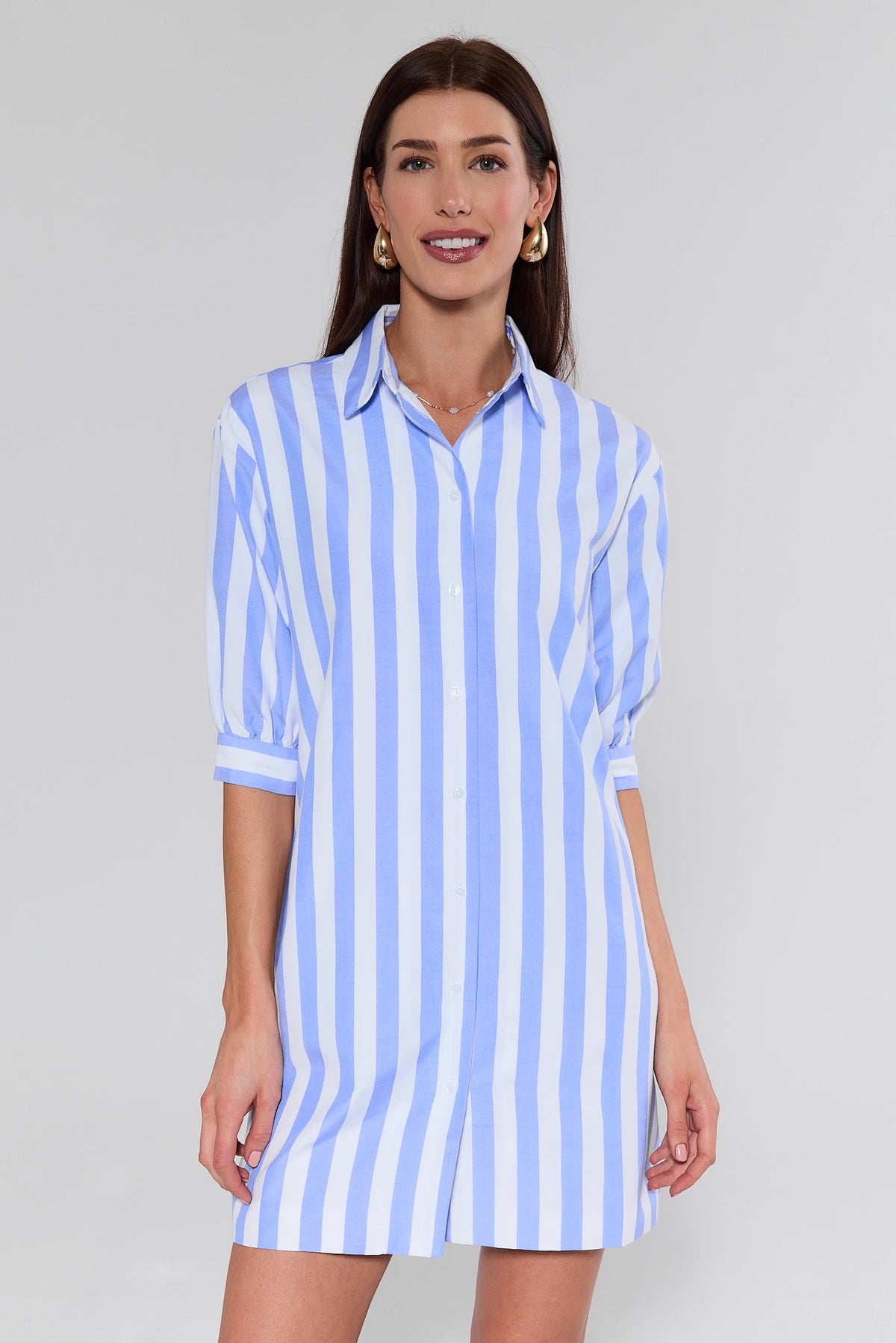 Colby Blue Striped Short Dress, front view, button-down shift silhouette with elbow sleeves | Avara