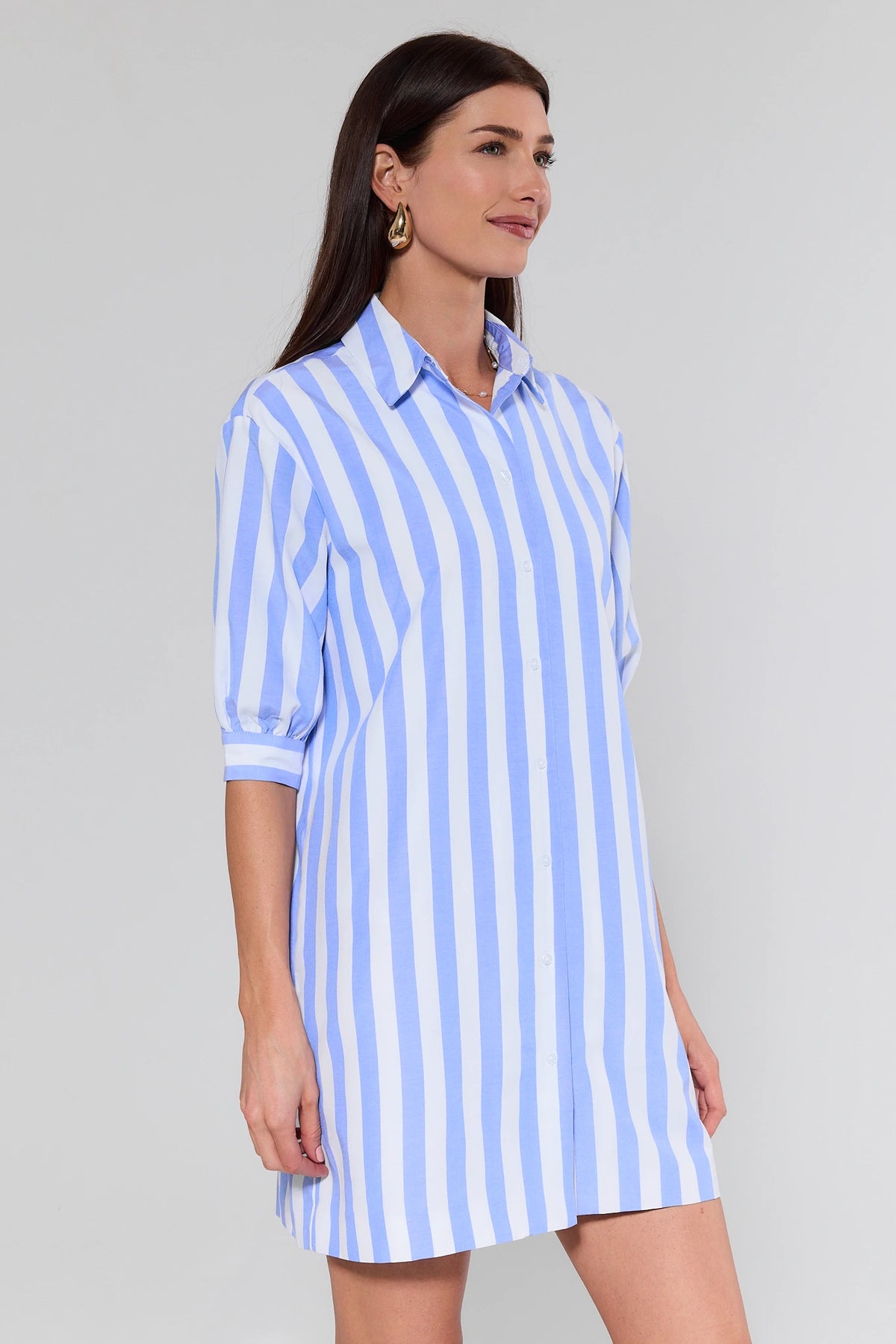Colby Blue Striped Short Dress, three-quarter side view showing shift silhouette and cuffed sleeves | Avara