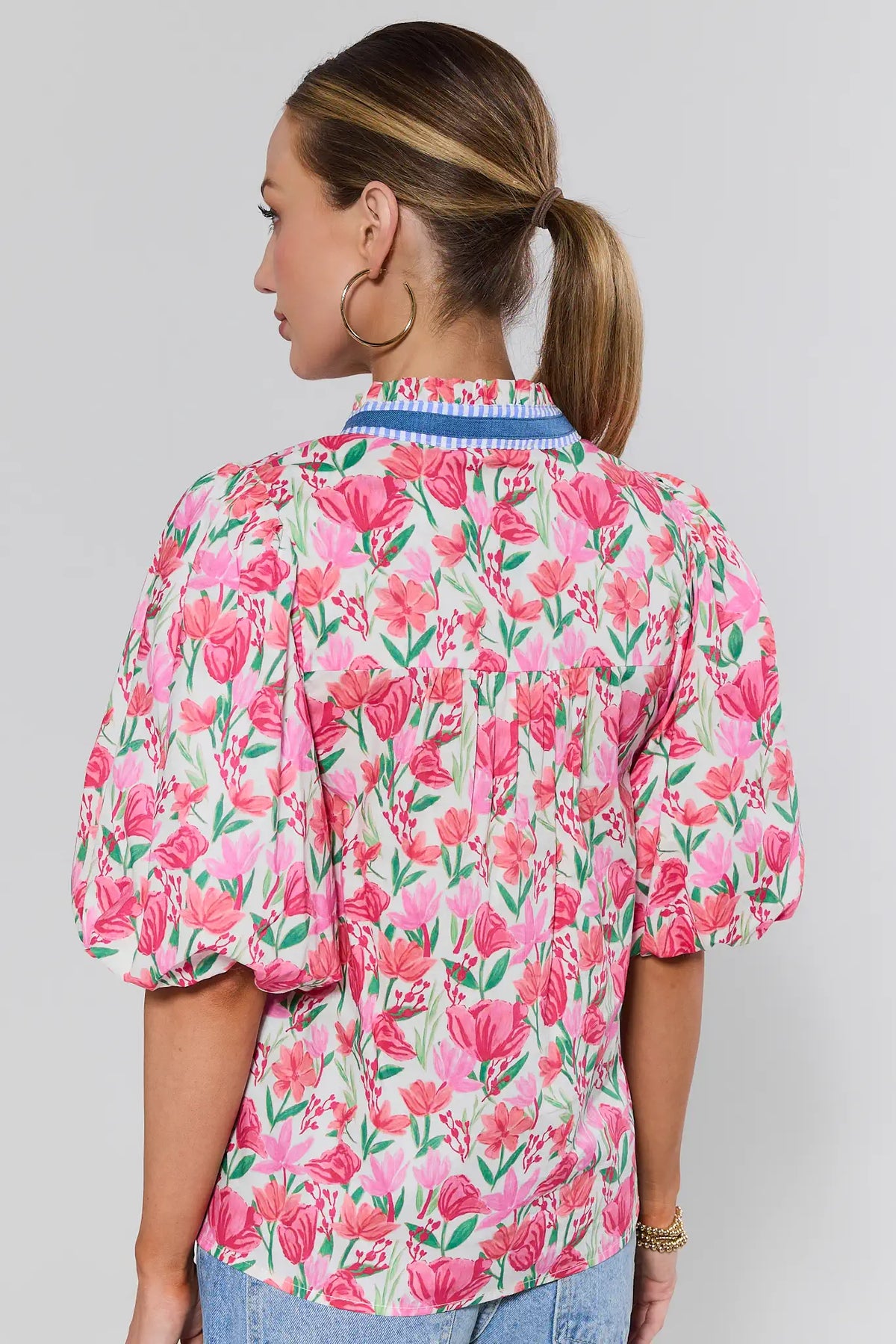Pink Floral Print Puff Sleeve Blouse - Back View Showing Relaxed Fit | Avara