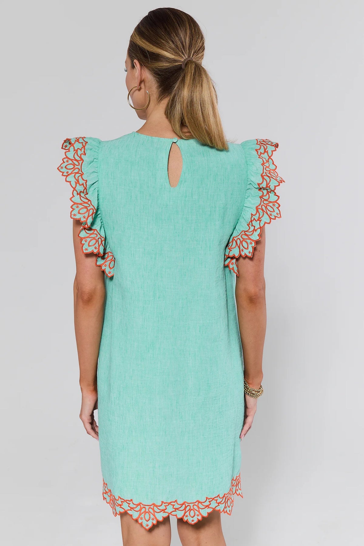 Bradley Green Embroidered Dress by THML - Back View, Scalloped Hem & Keyhole Detail | Avara