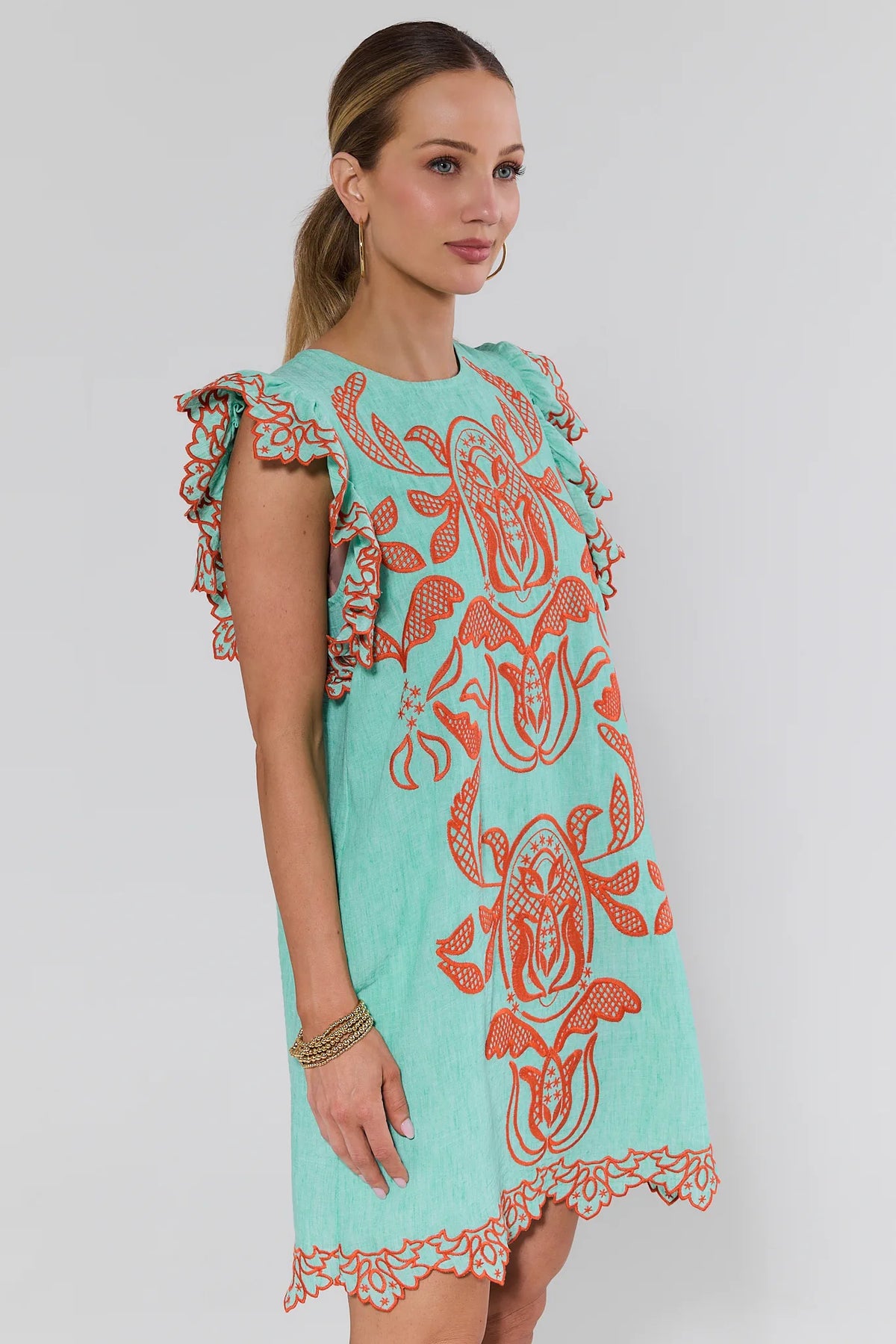 Bradley Green THML Short Dress - Side View Showing Flutter Sleeve Embroidery Detail | Avara