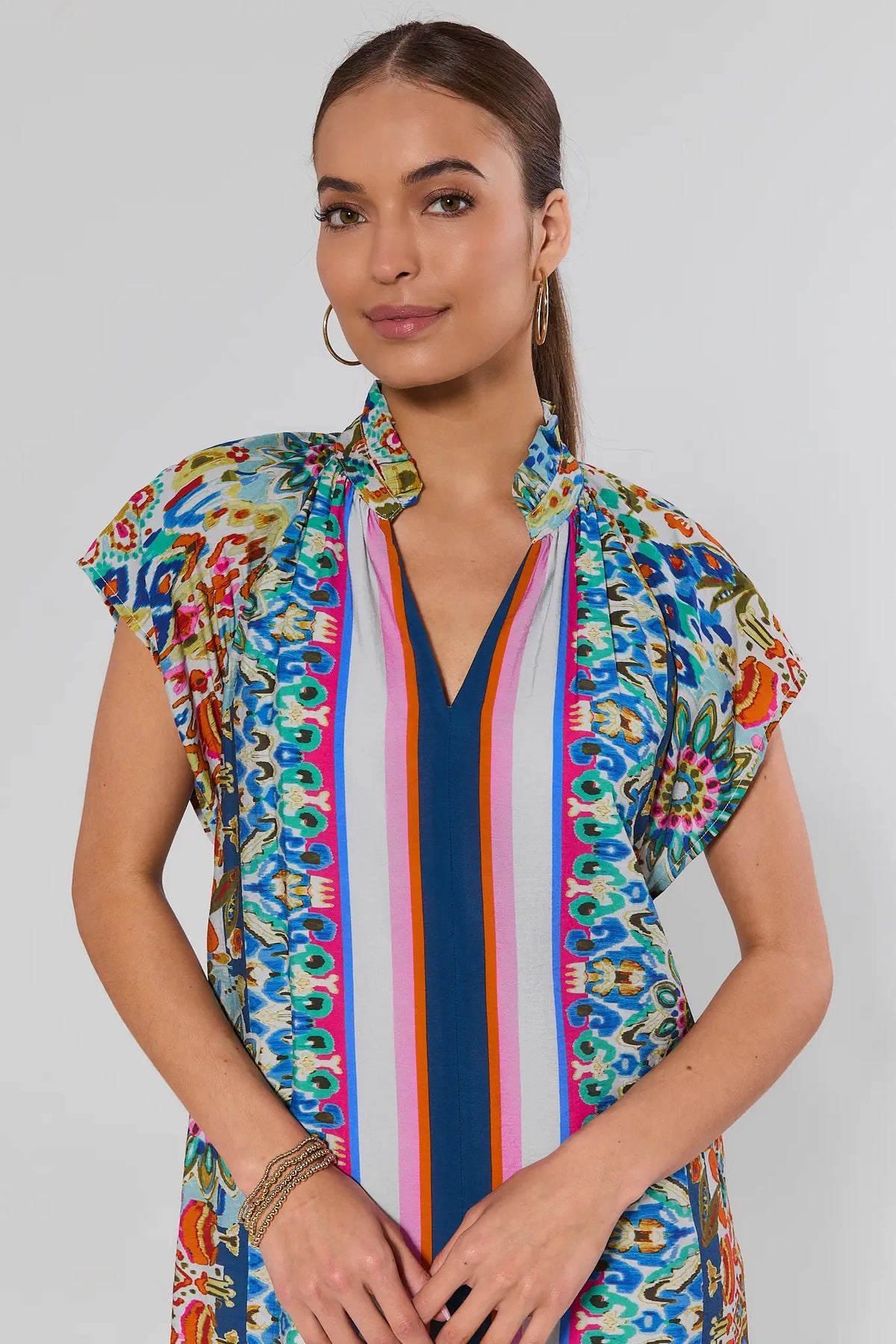 Rhonda Multi Printed Short Dress ruffle V-neckline & stripe detail close-up | Avara