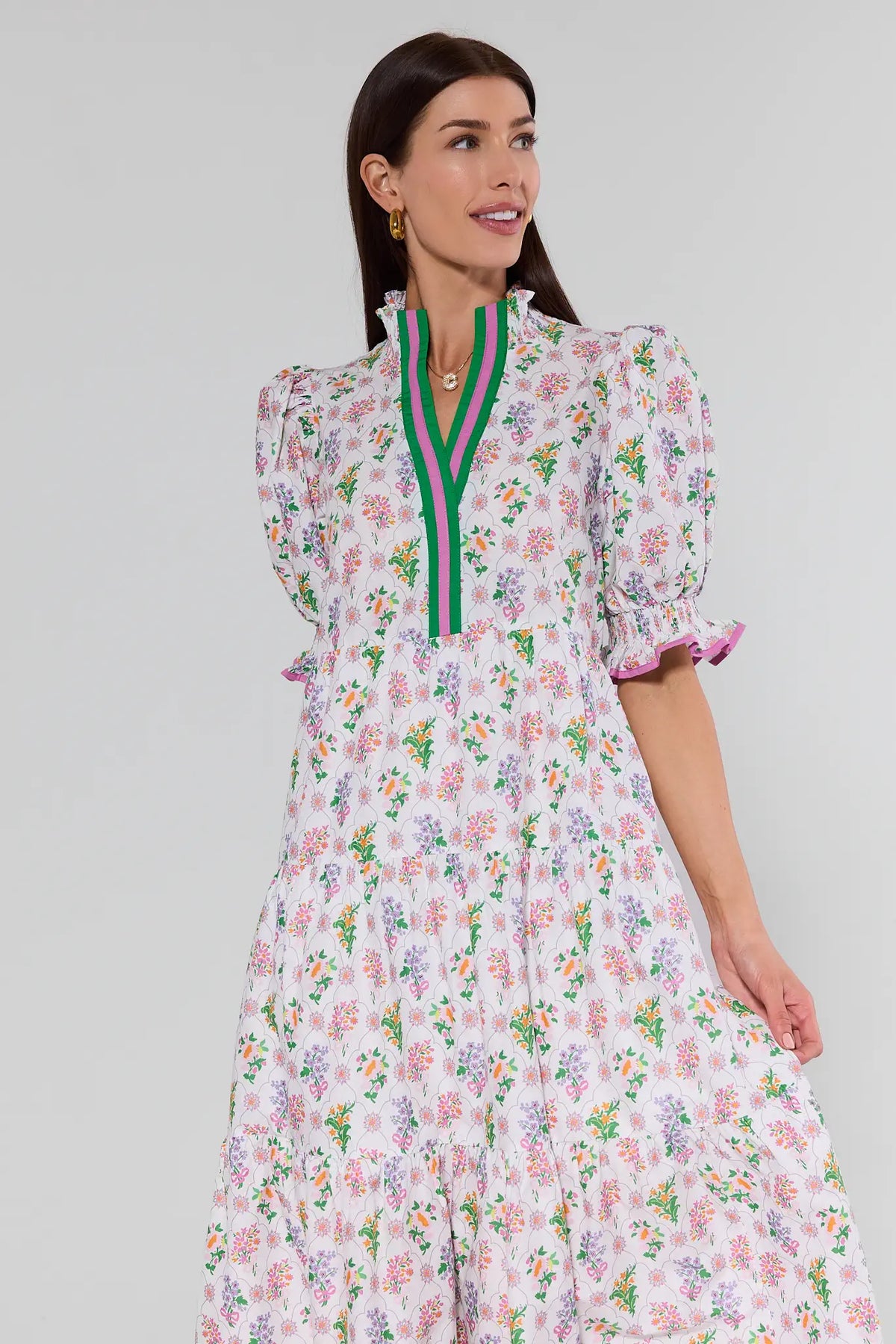 Maya White Floral Maxi Dress close-up, green and pink V-neckline trim, puff sleeves - modest dress | Avara