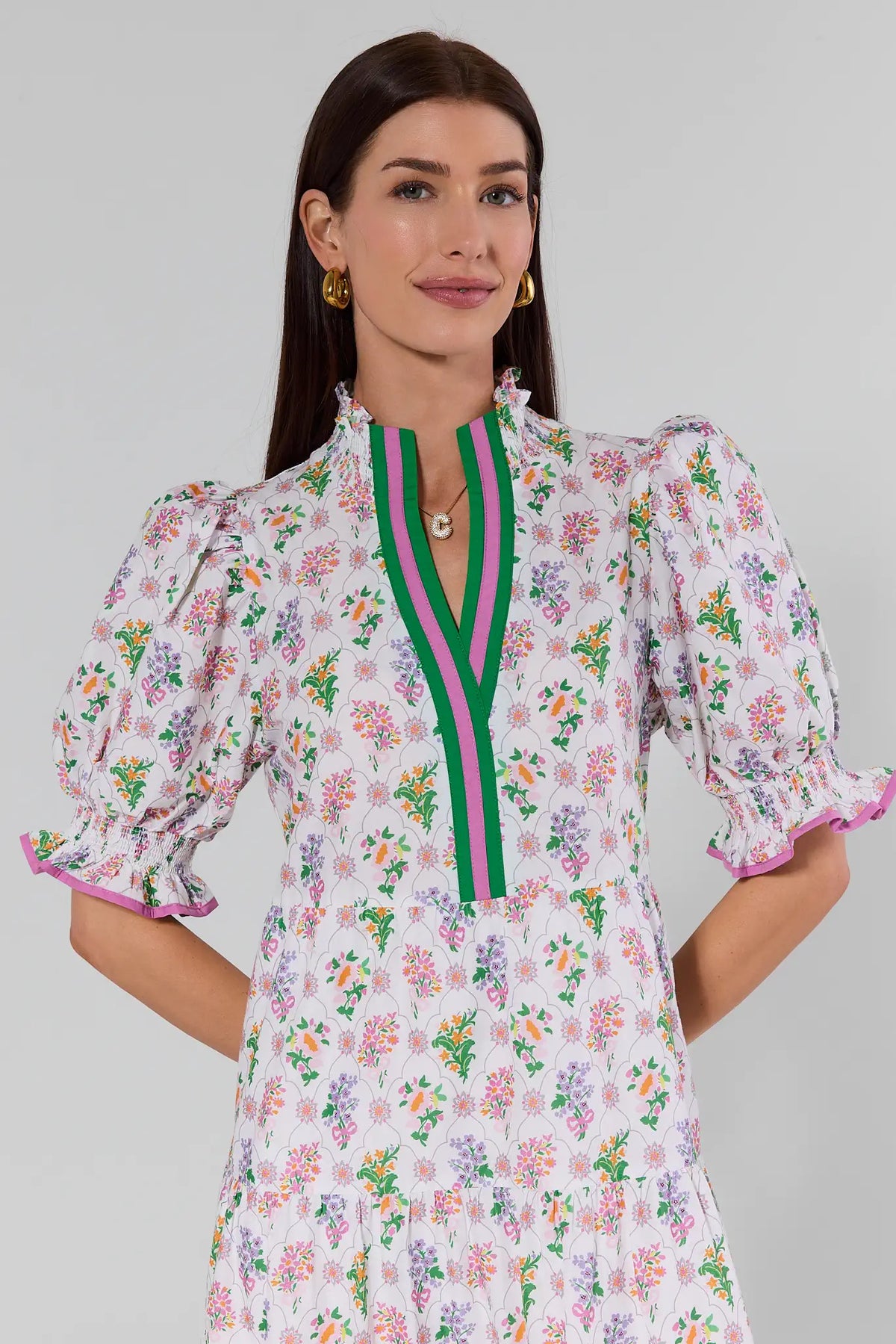 Maya White Floral Maxi Dress front detail, smocked puff sleeves with pink ruffle cuffs, modest neckline | Avara