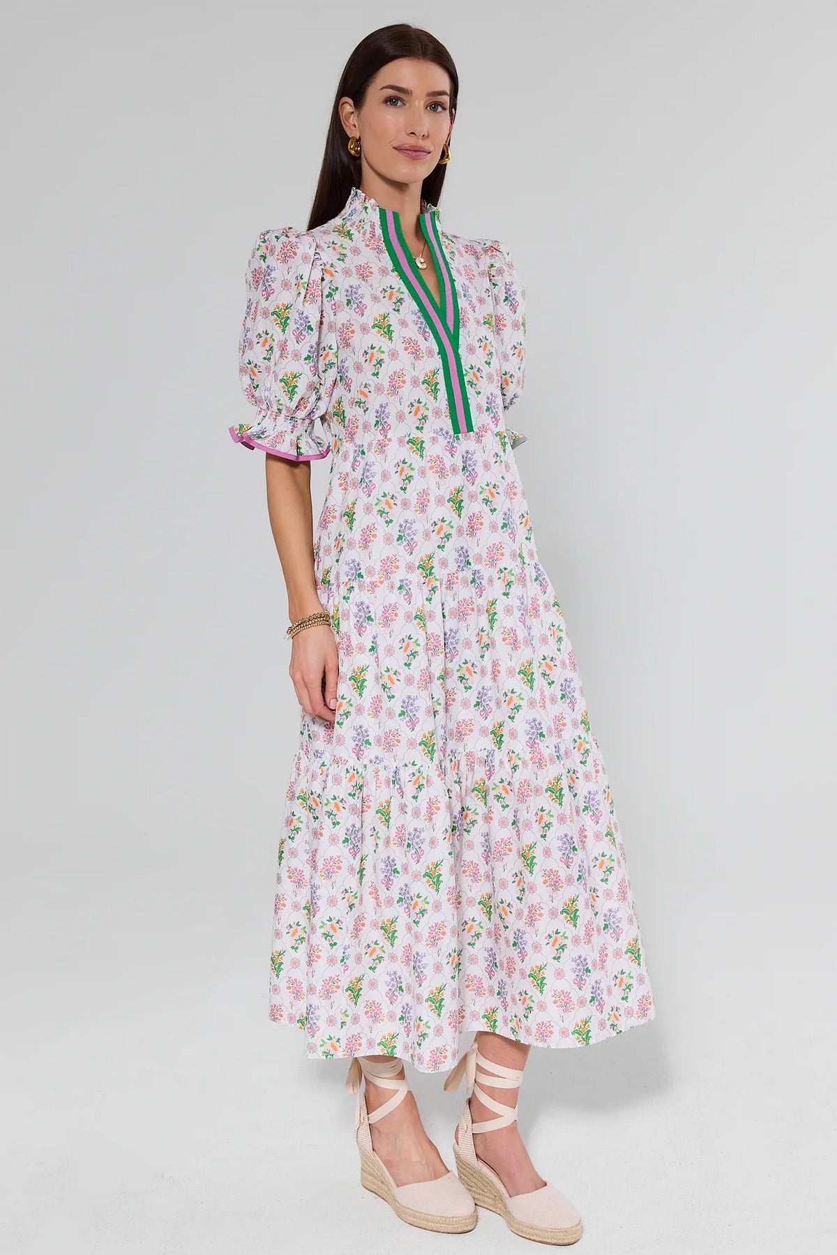 Maya White Floral Maxi Dress side view, tiered modest maxi length, colorful floral print, wedge heels | Avara