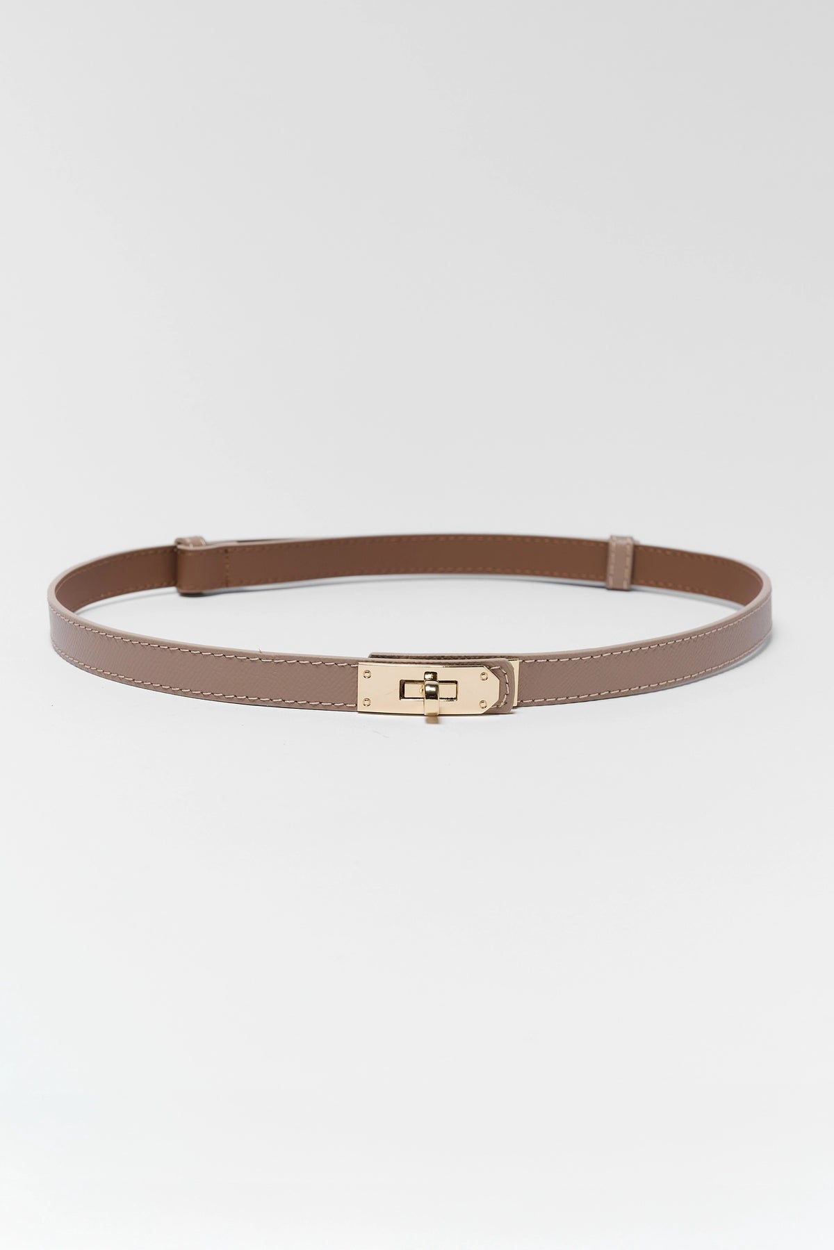Tan Faux Leather Piper Belt with Gold-Tone Twist Clasp - Flat Lay | Avara