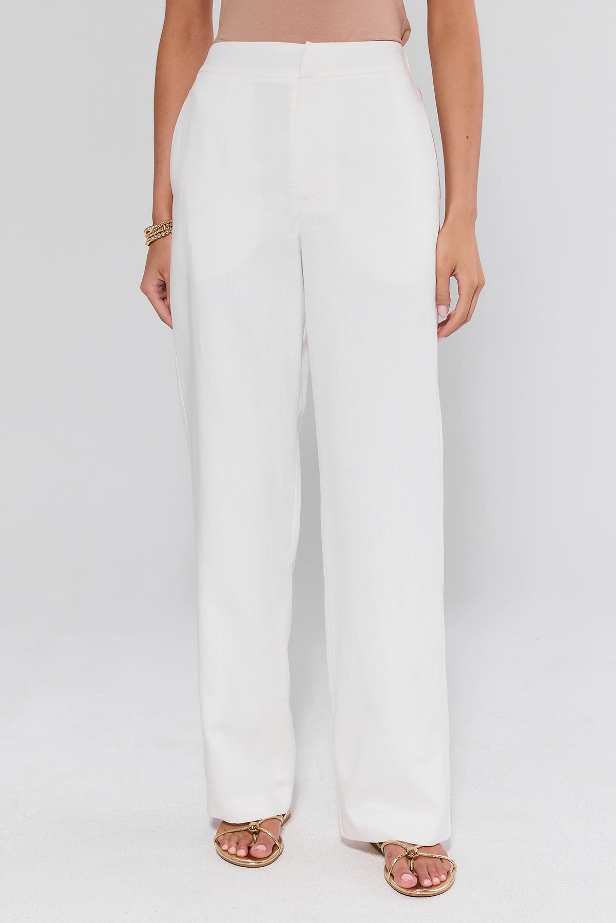 White Linen-Blend Wide Leg Pants Front View, Women's White Wide Leg Slacks On Model | Avara