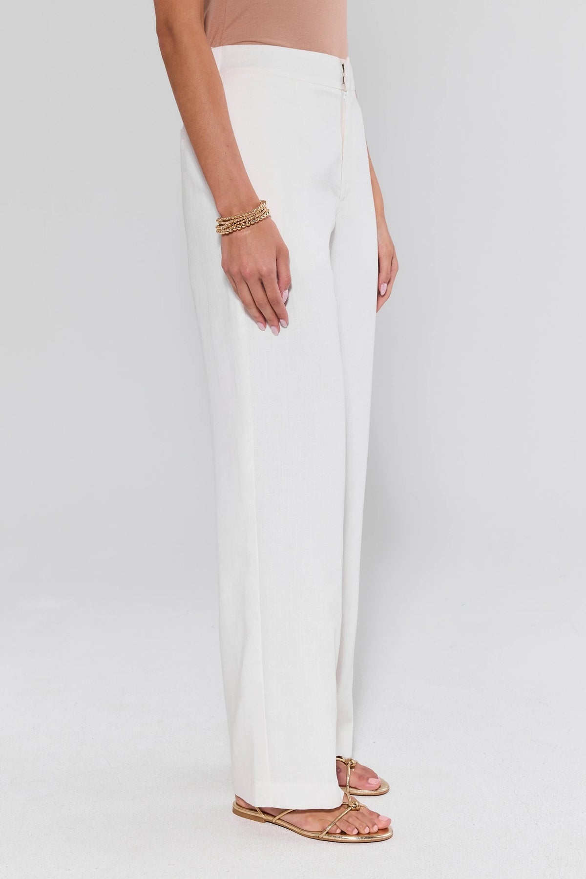 White Wide Leg Pants Side Profile, High-Waist Linen Trousers for Women On Model | Avara