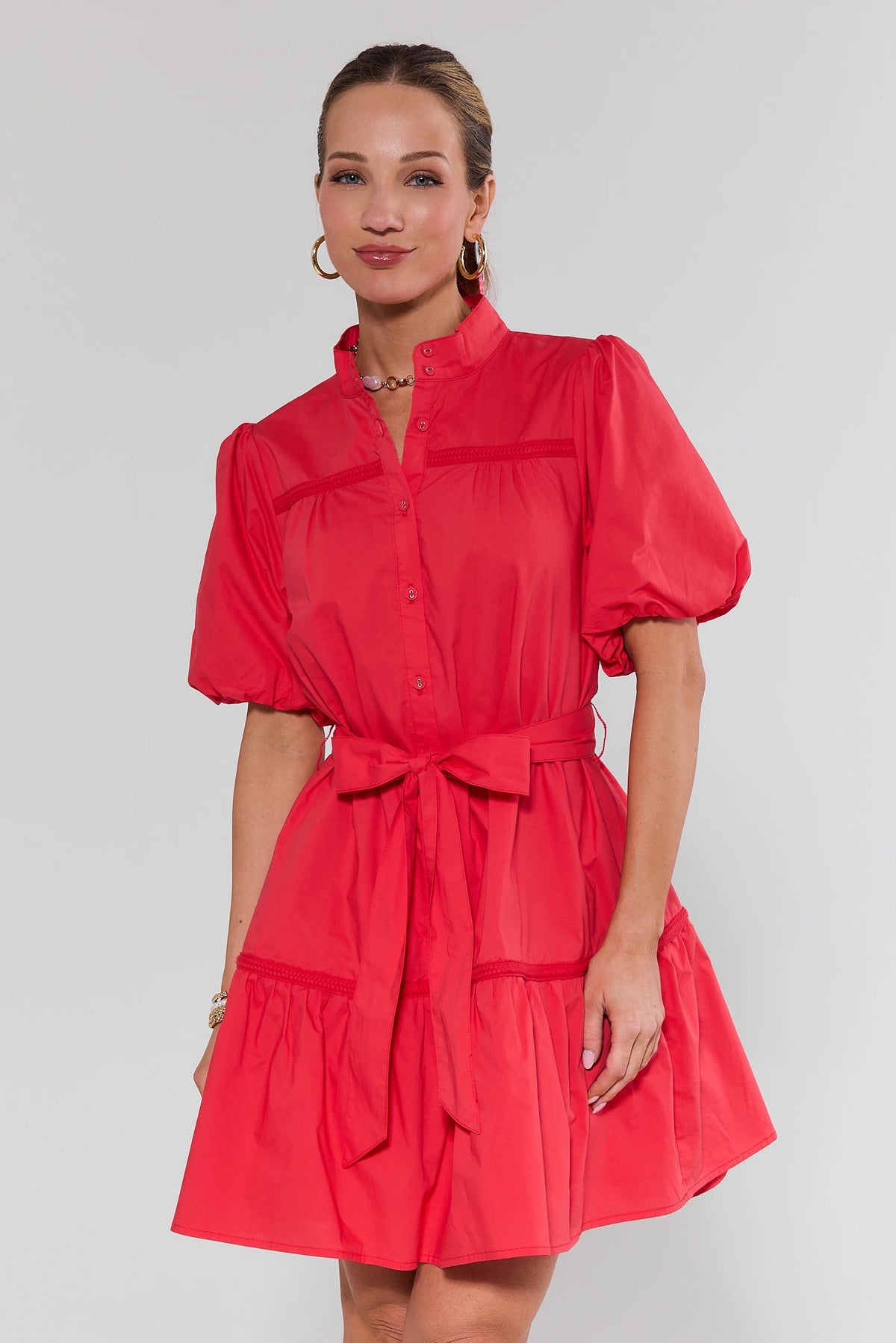 Red Jane Tie Waist Short Dress with puff sleeves, braided trim, and A-line silhouette - Front View | Avara