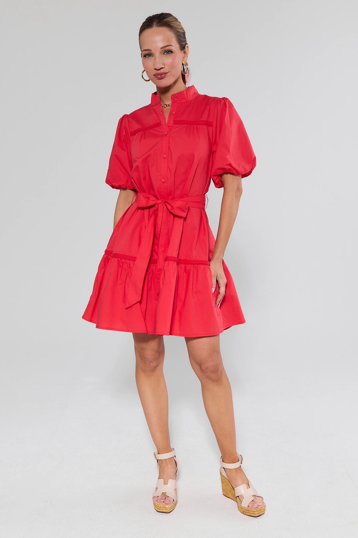Jane Red Puff Sleeve Short Dress with tiered A-line skirt, tie waist, styled with wedge sandals - Full Length View | Avara