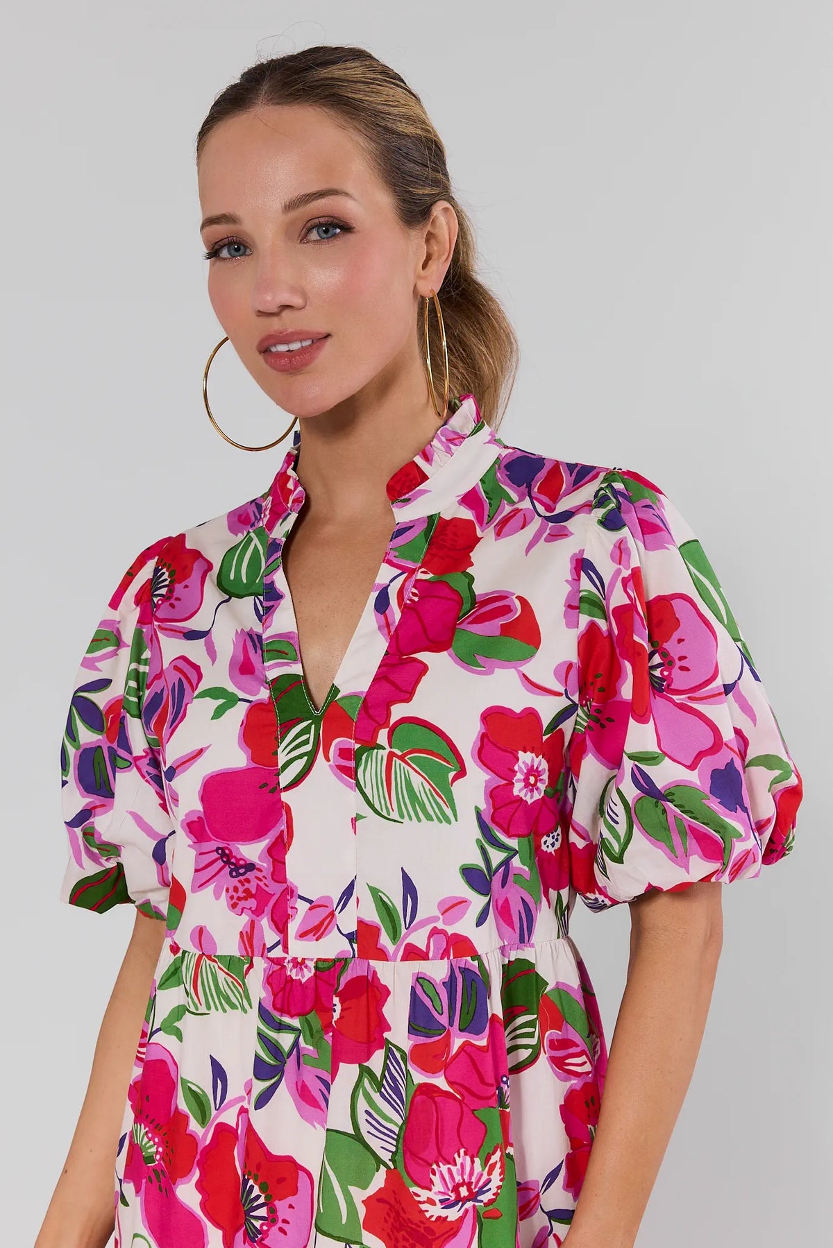 Genevieve Floral Short Dress by THML - ruffled V-neckline and puff sleeve close-up, mixed floral print | Avara