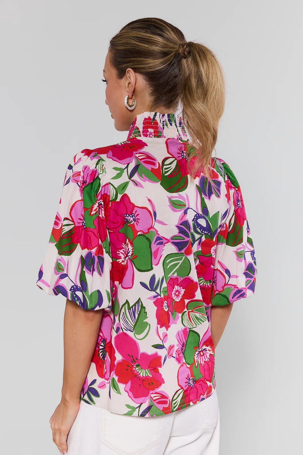 Genevieve Cream Floral Print Top by THML - smocked collar back detail, puff sleeves, allover floral print, white trousers - Back View | Avara