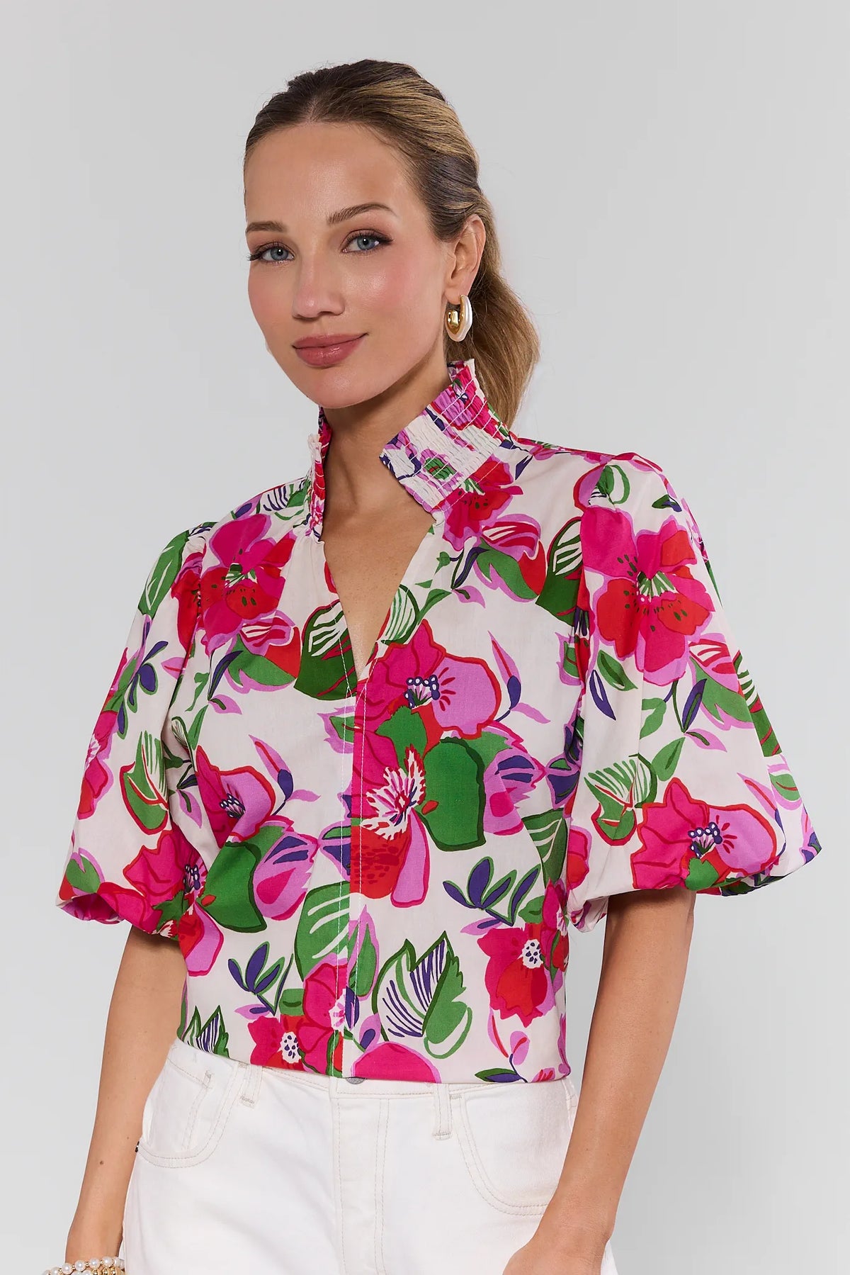 Genevieve Cream Floral Print Top by THML - puff sleeves, smocked collar, bold pink floral print, styled with white pants - Front View | Avara