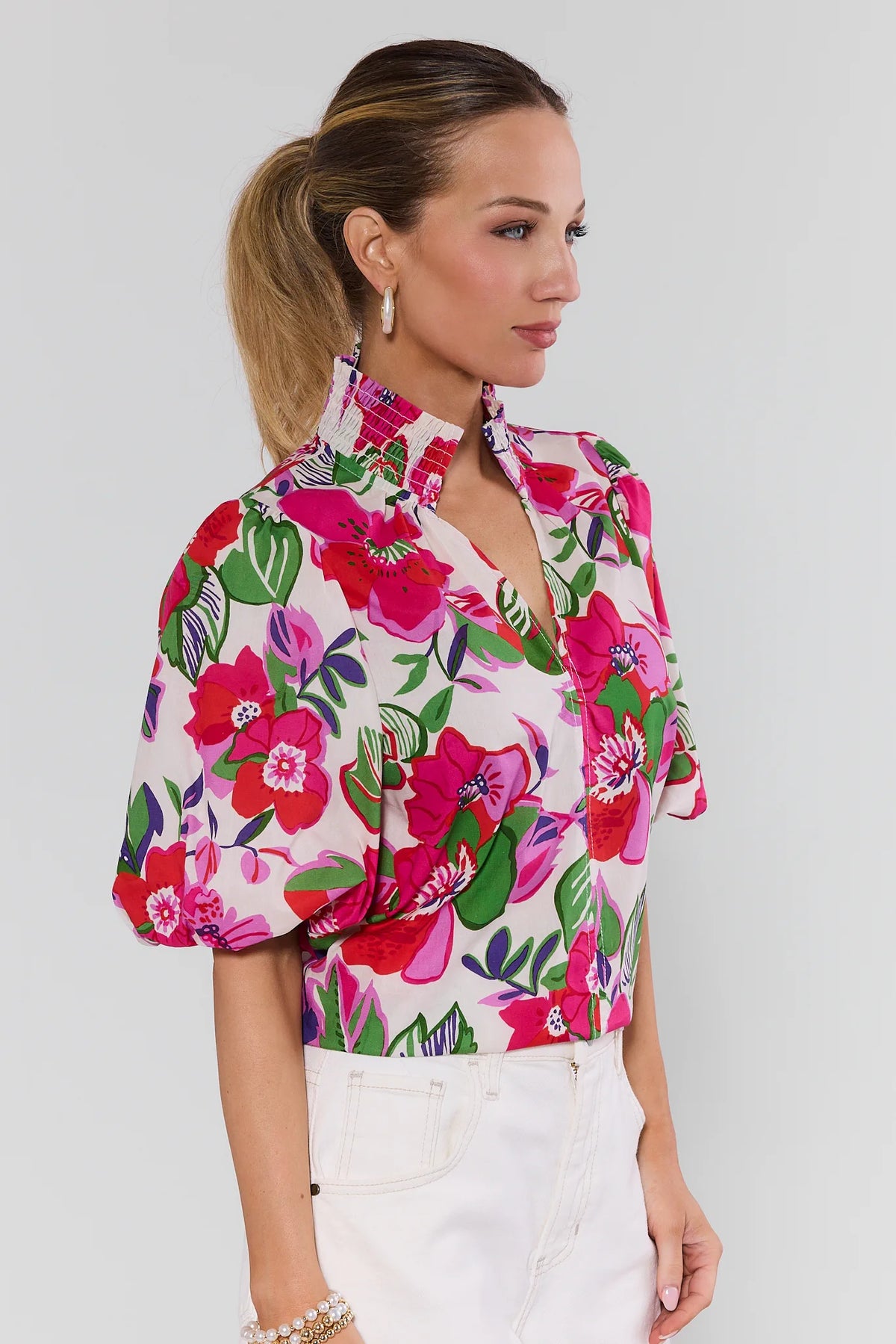 Genevieve Cream Floral Print Top by THML - bold mixed floral print, puff sleeves, smocked collar, relaxed fit - Side View | Avara