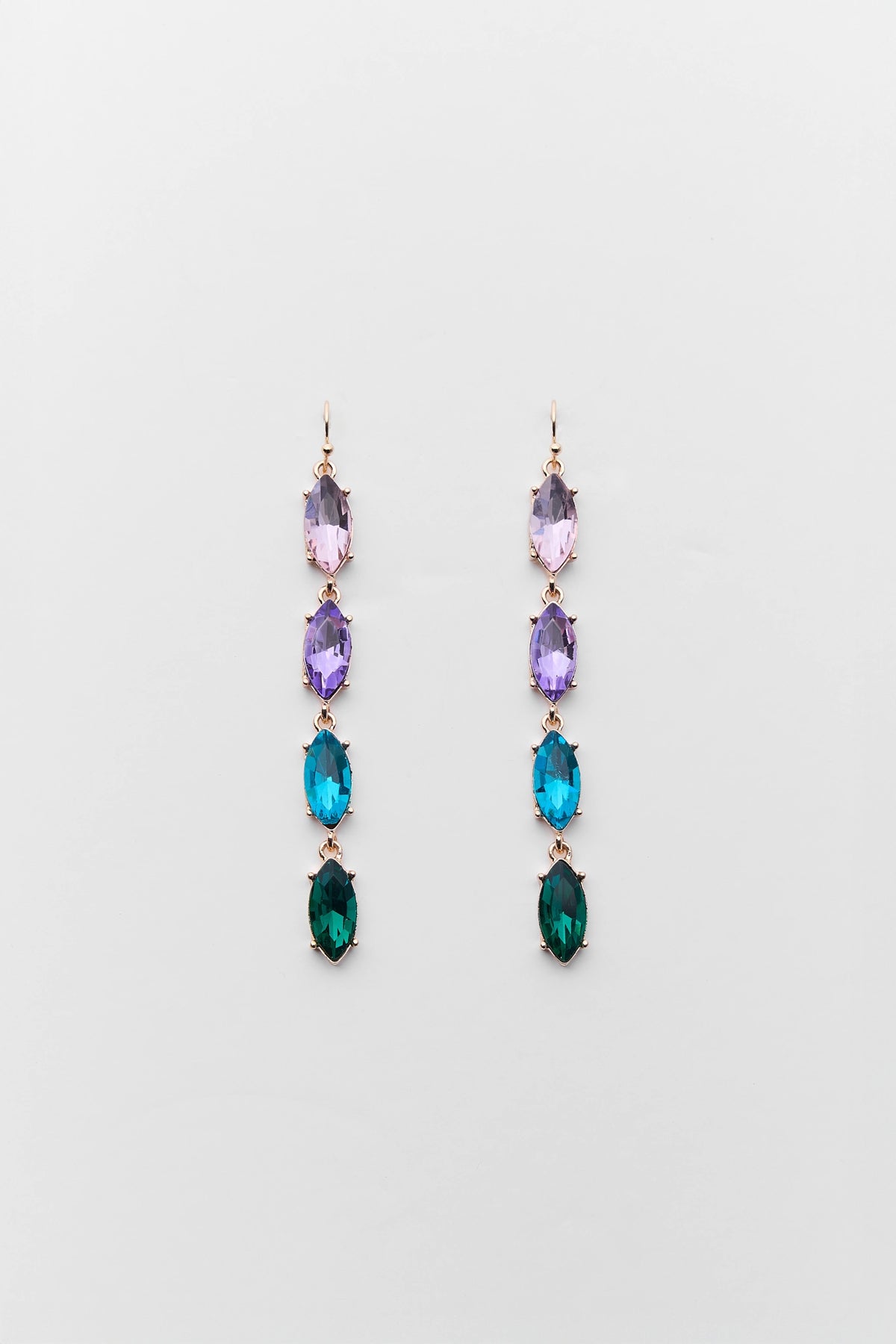 Raquel Green Multi Stone Drop Earrings with pink, purple, teal & emerald marquise stones - Flat Lay | Avara