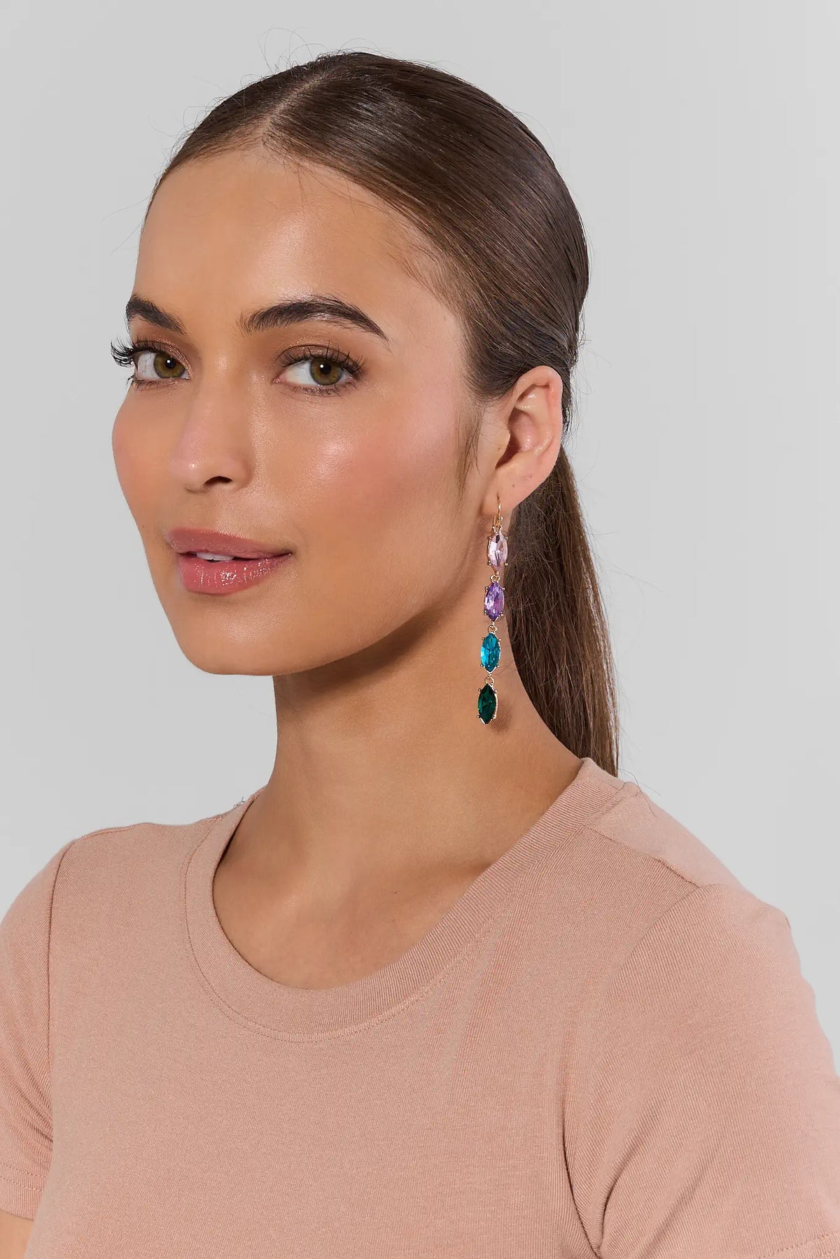 Raquel Green Multi Stone Drop Earrings worn on model - Side Profile On Model | Avara